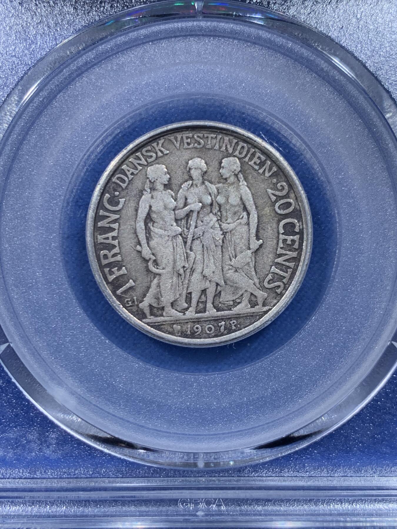 《竞宝斋》第450场 周日，周一，周二  3场连拍 （全场包邮，欢迎送拍） 公博 XF40 丹属西印度群岛 1907年 20分 银币 很热门的丹系品种 三女神像 原味包浆 细节不错