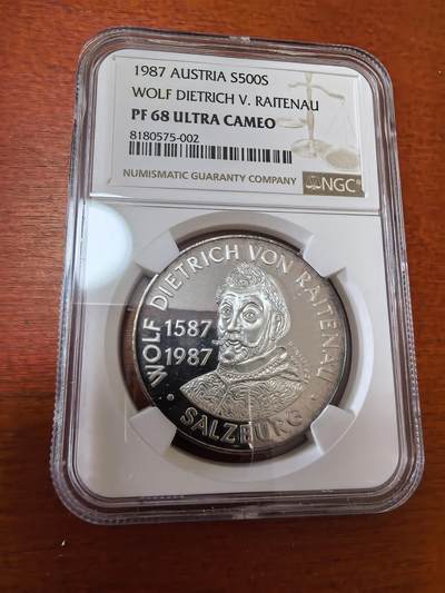 长老汇蛇年精选第八十六场拍卖 - 1987 奥地利沃尔夫·迪特里希·冯·莱特瑙大主教500先令精制银币，NGC PF68UC，唯一冠军
