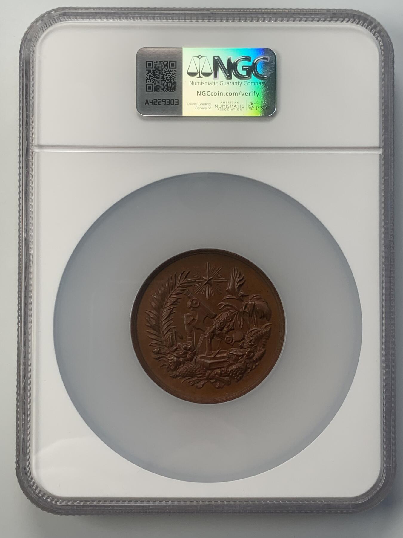 掌中浮雕-藏着的欧洲第047场 NGC MS62 : 1891年比利时安特卫普国际博览会铜章，50mm，盒子边缘有破损如图