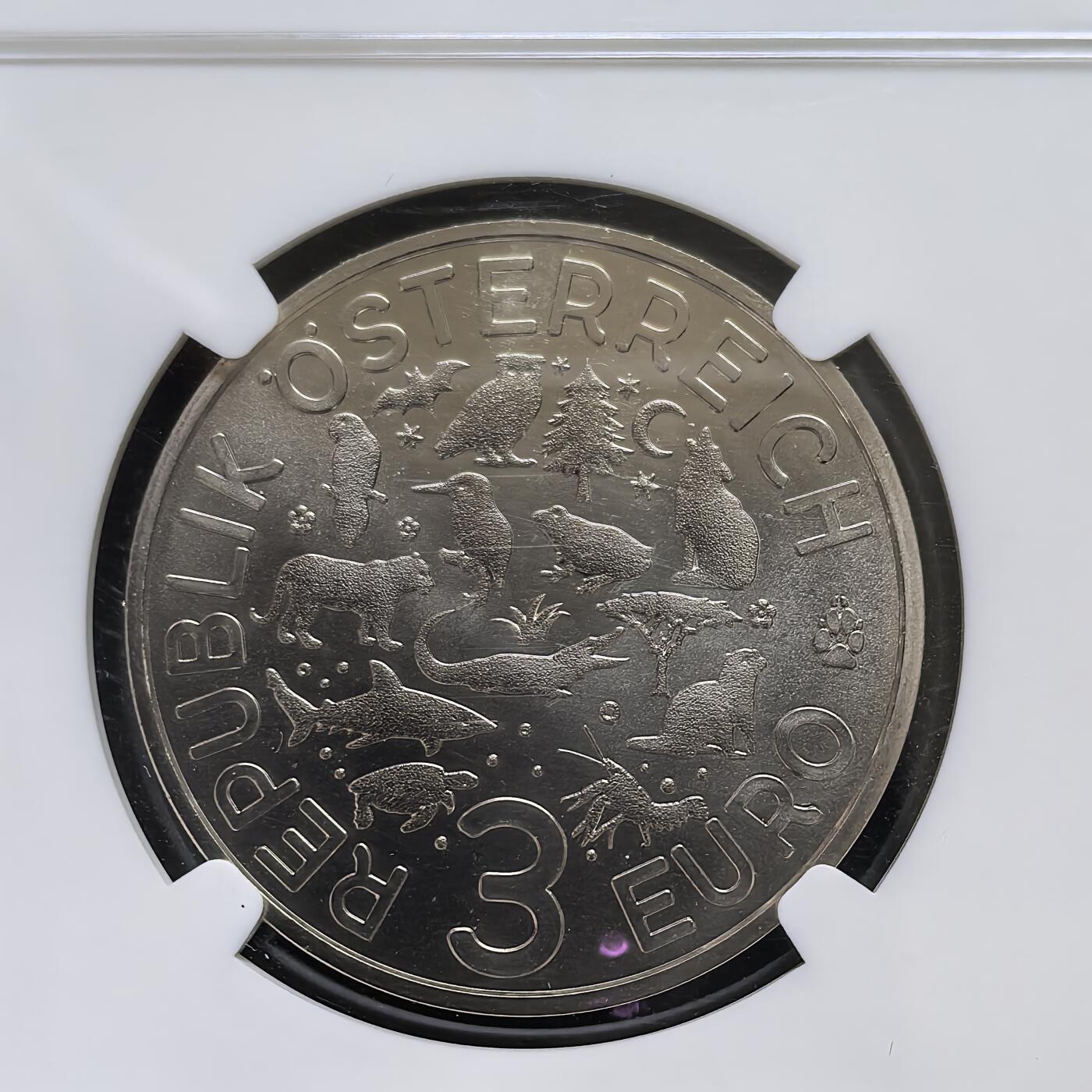 道一币馆币章第一百六十场 NGC 满分MS70 奥地利2018年多彩生物系列鹦鹉夜光彩色铜镍3欧元纪念币
