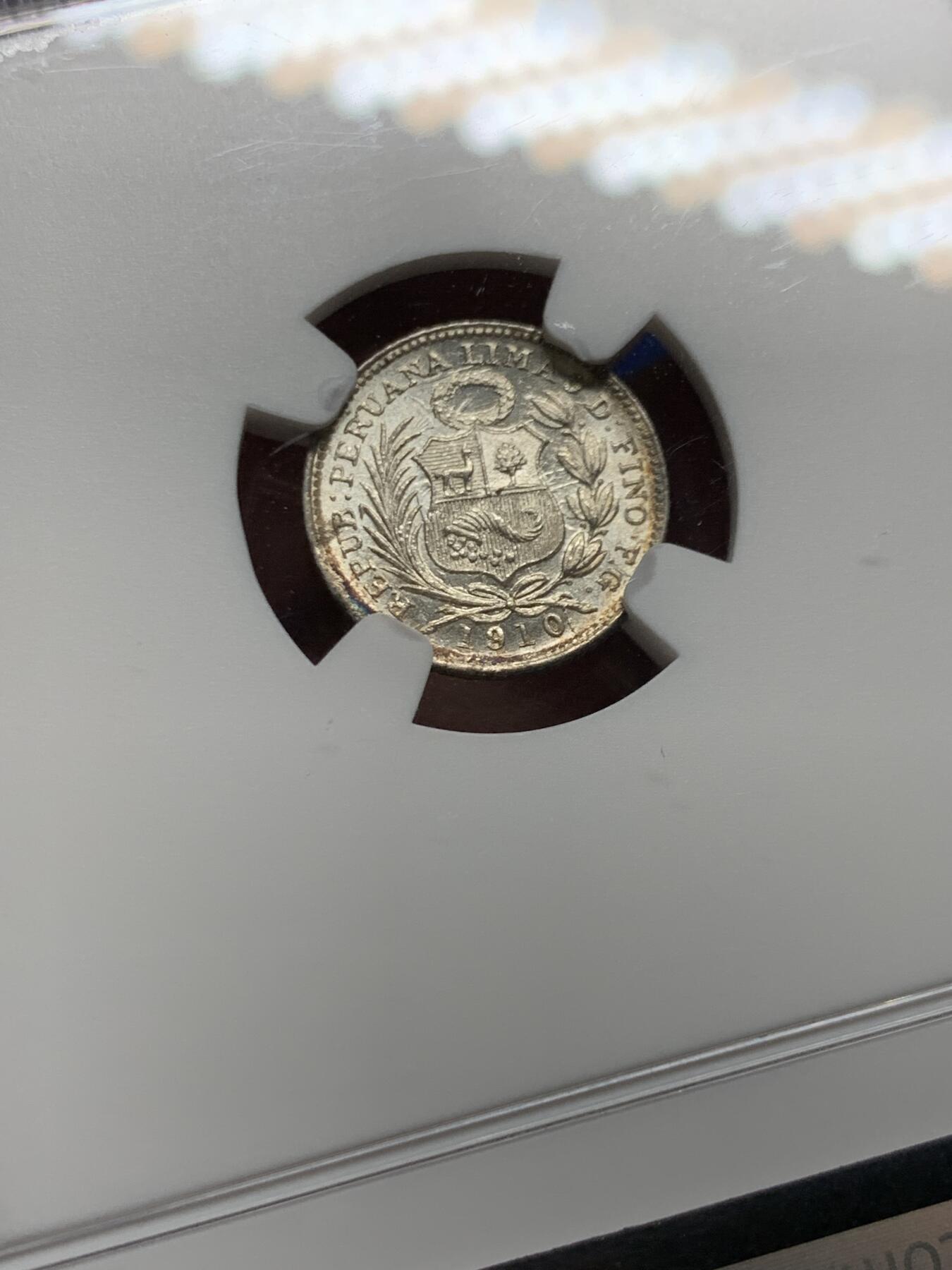 《竞宝斋》第450场 周日，周一，周二  3场连拍 （全场包邮，欢迎送拍） NGC MS63 秘鲁1910 1/2蒂娜罗银币，早期年份，值得购买的一枚