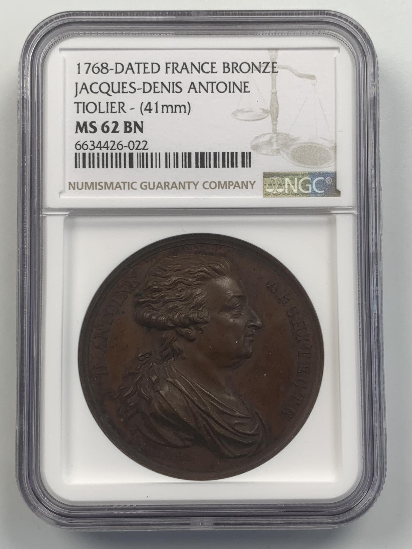 掌中浮雕-藏着的欧洲第047场 NGC MS62 : 1768年法国造币局建筑师Jacques-Denis Antoine纪念铜章，41mm