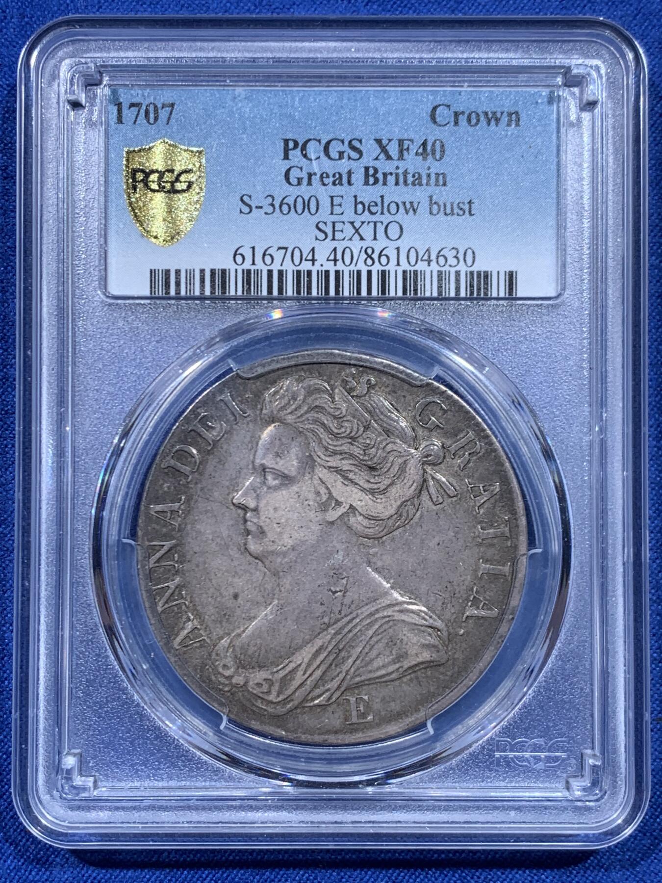 《竞宝斋》第450场 周日，周一，周二  3场连拍 （全场包邮，欢迎送拍） PCGS XF40 英国1707年安妮女王克朗银币