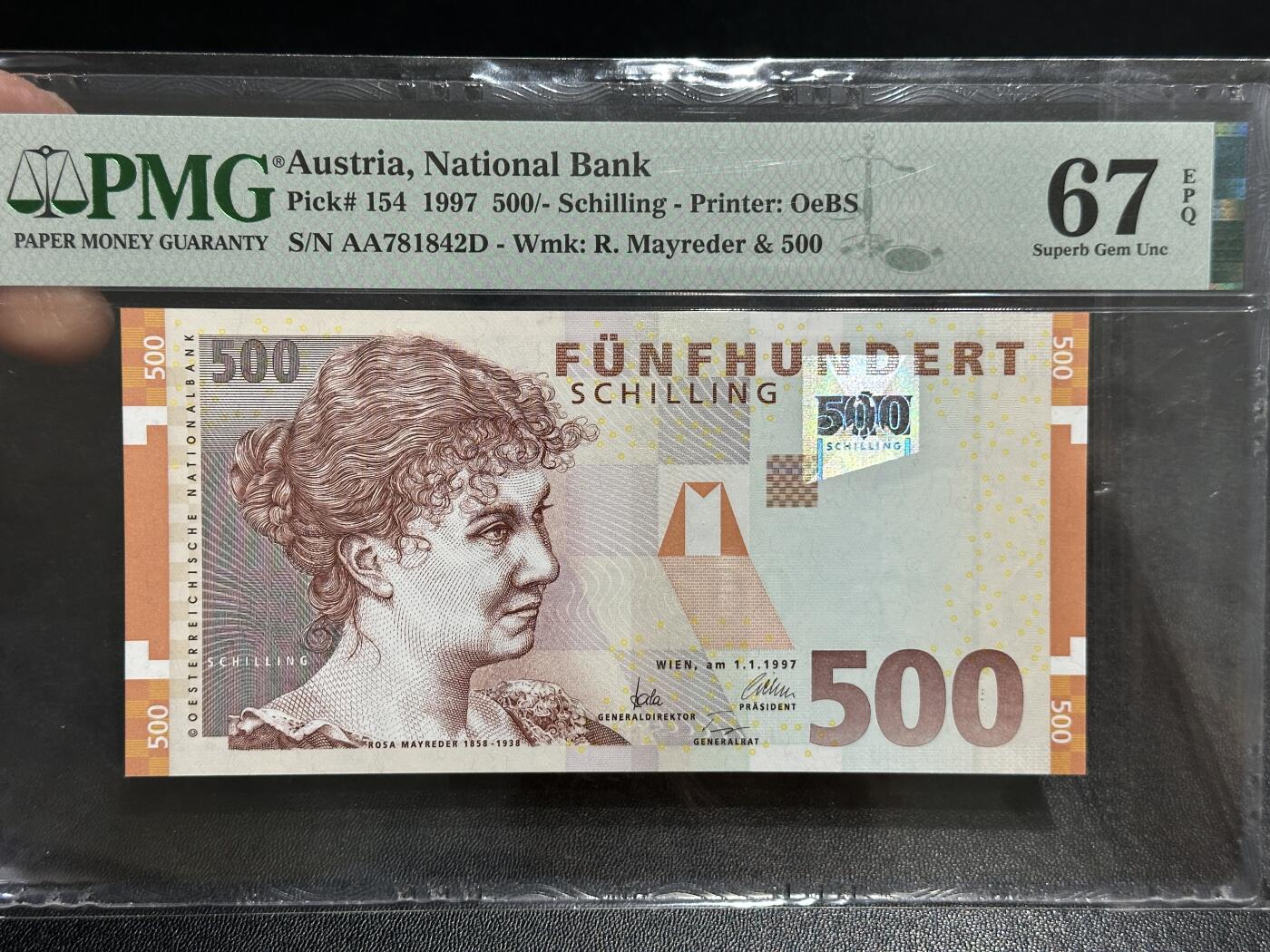 《外钞收藏家》第五百九十六期（精品大拍场）（本平台长期征集拍品、欢迎藏友们联系合作） 1997年奥地利末版5000先令 PMG67 AA冠
