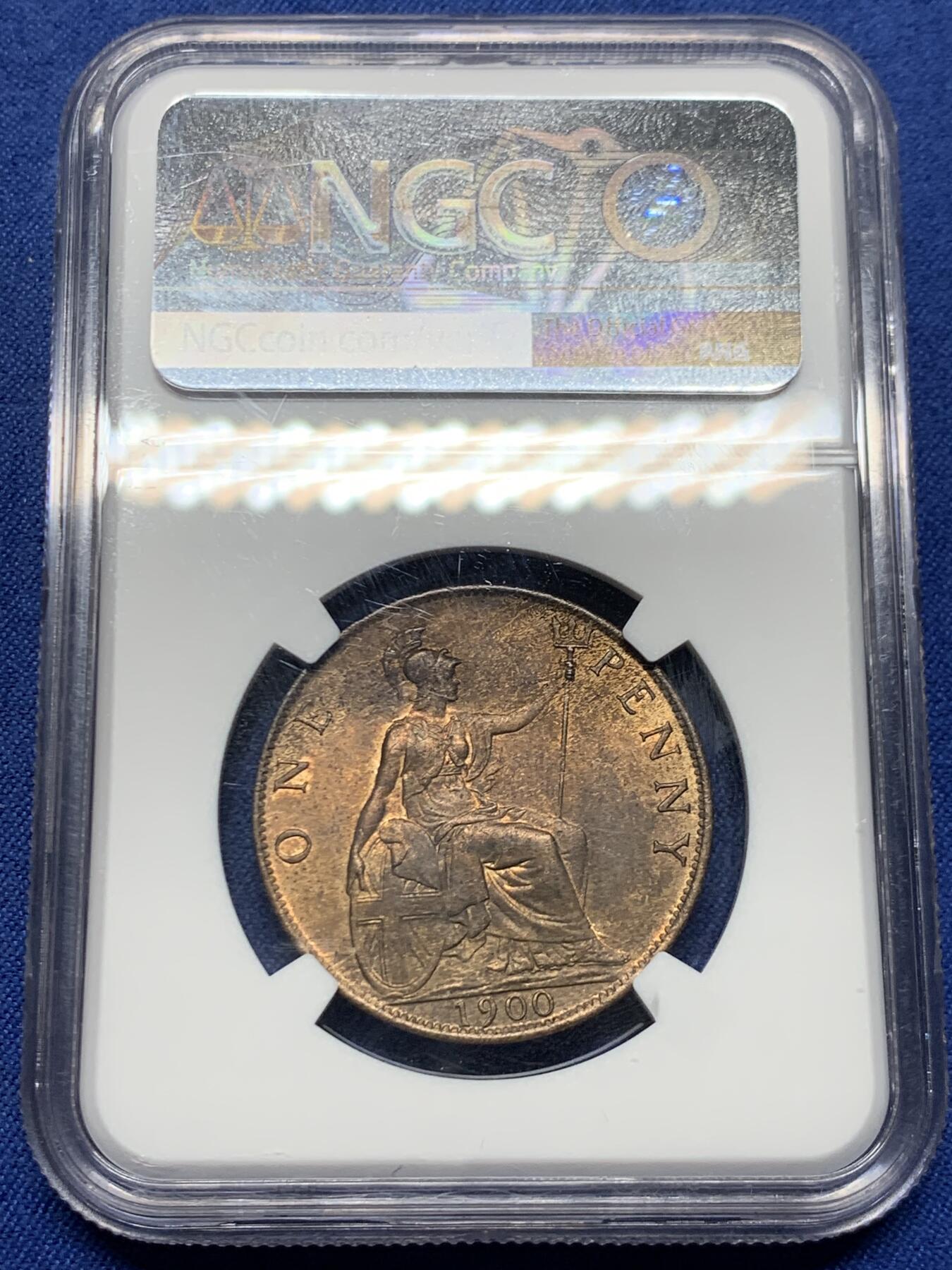 《竞宝斋》第450场 周日，周一，周二  3场连拍 （全场包邮，欢迎送拍） NGC MS63RB 英国1900年维多利亚1便士铜币