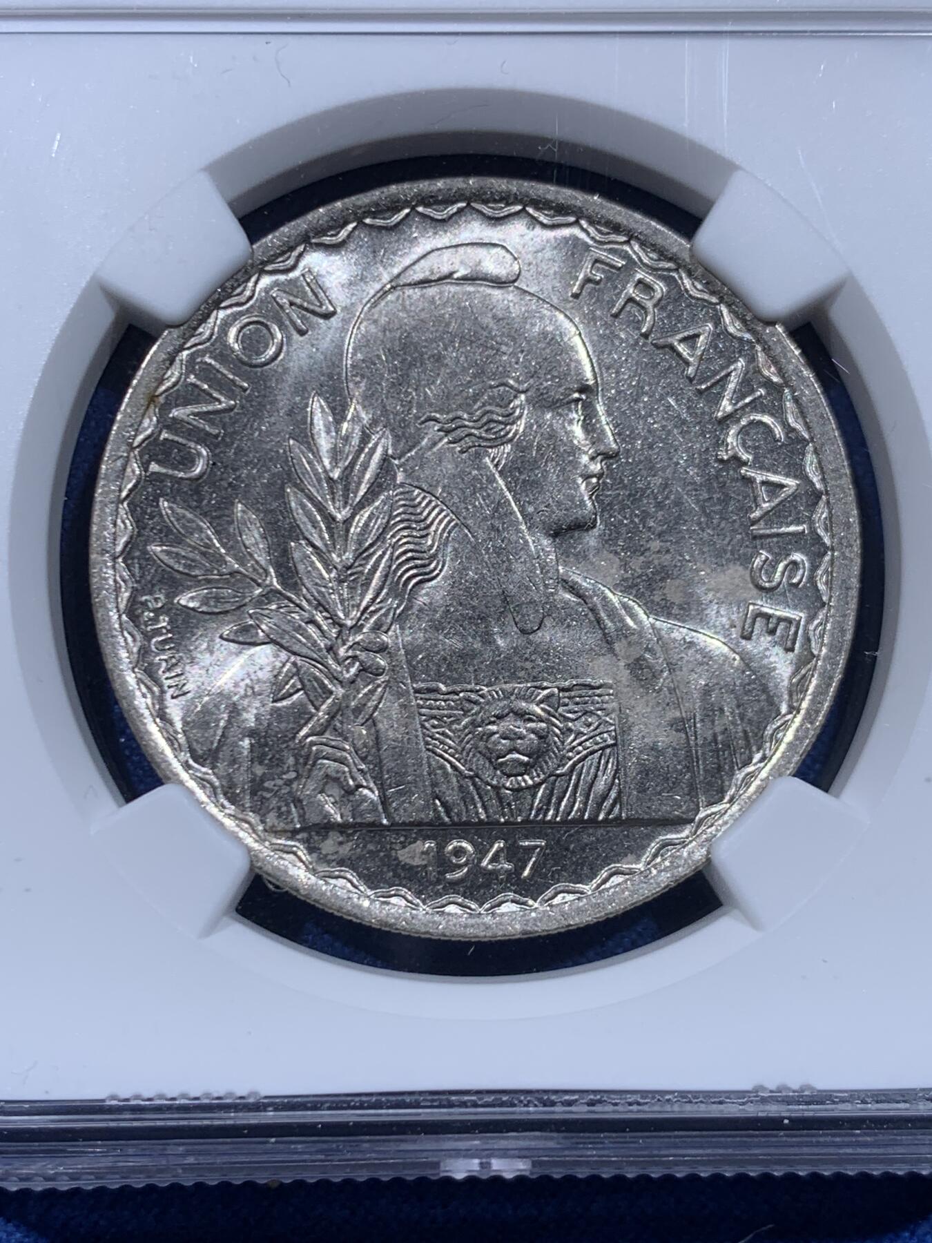 《竞宝斋》第450场 周日，周一，周二  3场连拍 （全场包邮，欢迎送拍） NGC MS63 法属印支1947年1皮阿斯特