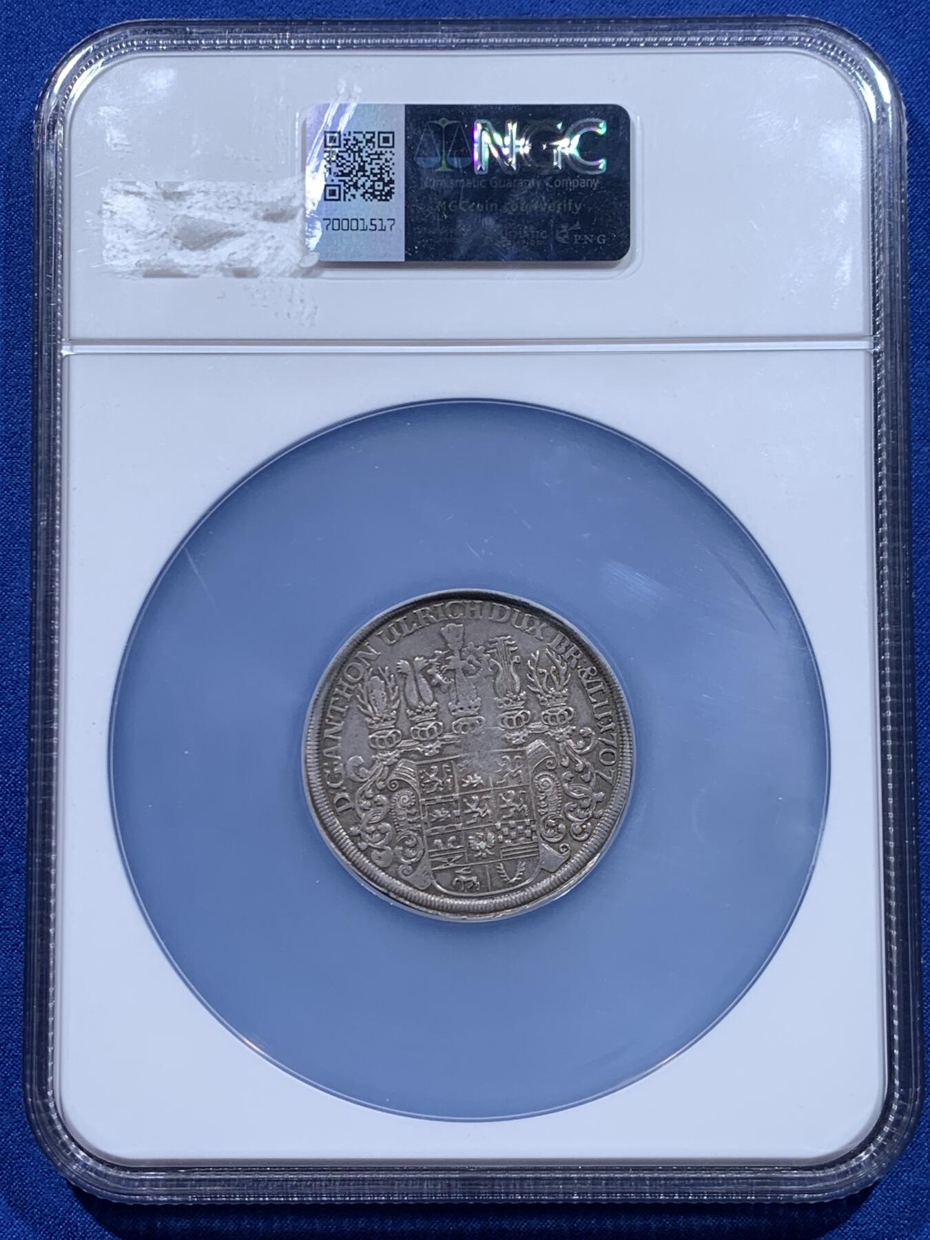 《竞宝斋》第450场 周日，周一，周二  3场连拍 （全场包邮，欢迎送拍） NGC XF45 德意志邦国布伦瑞克-沃尔芬比特尔公国1707年安东尼·乌尔里希-野人泰勒银币 少见品 加大盒