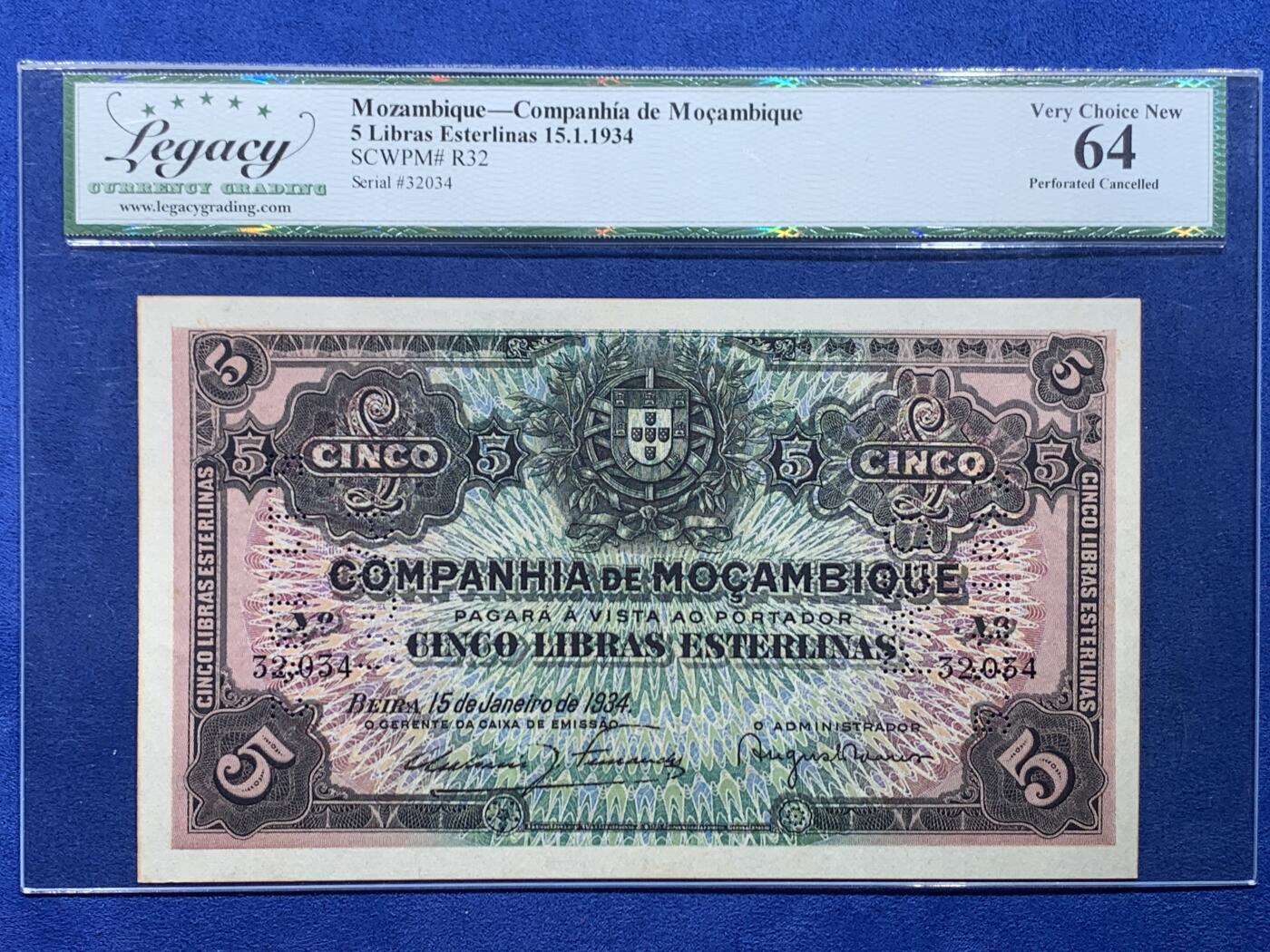 《竞宝斋》第450场 周日，周一，周二  3场连拍 （全场包邮，欢迎送拍） Legacy 64 葡属莫桑比克1934年 5Libras
