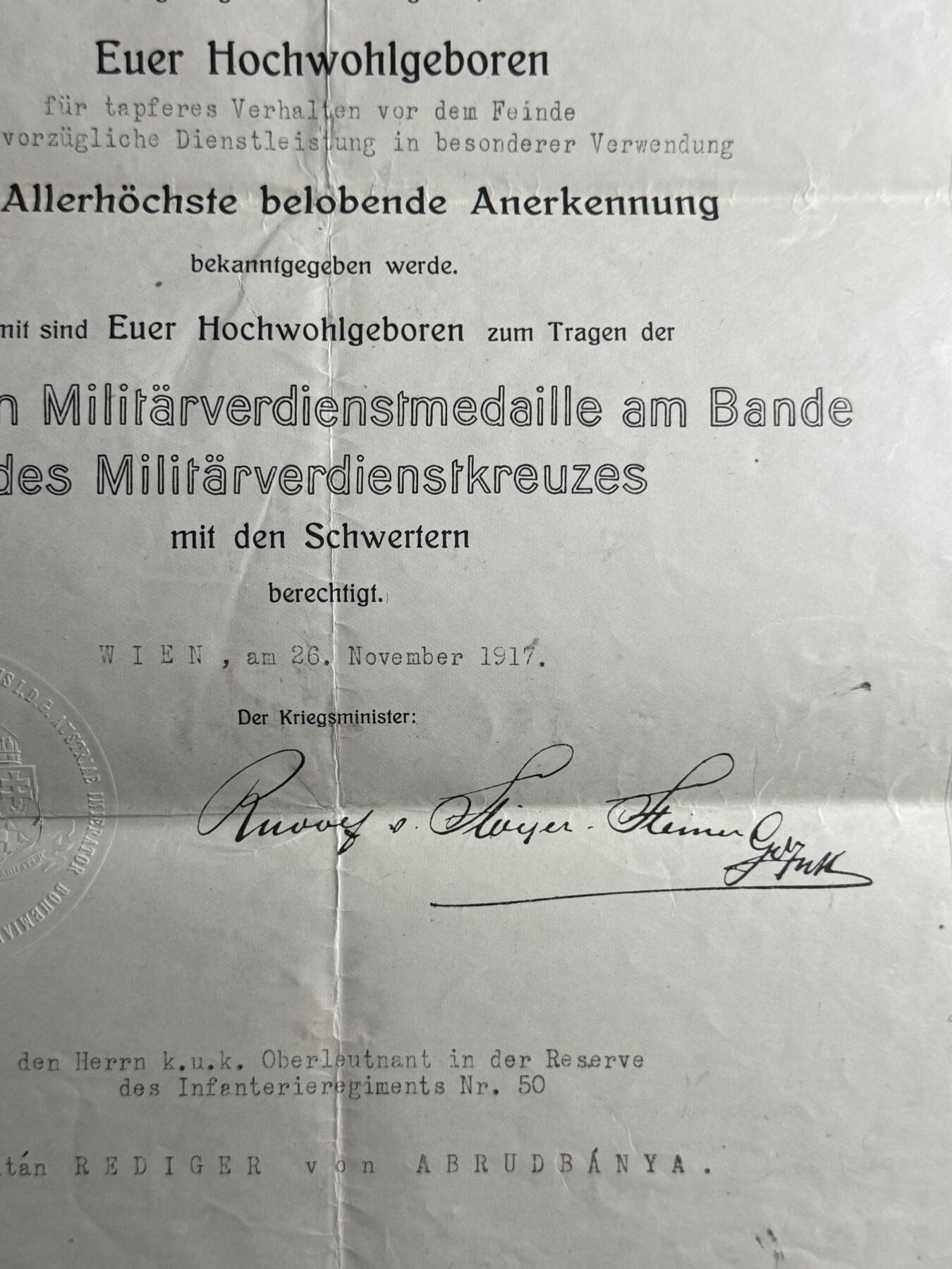 欢庆元旦！戎马世界章牌大赏第109期元旦大拍 奥匈帝国铜级军事功绩奖章（带剑饰）证书，授予预备役上尉 佐尔坦·雷迪格·冯·阿布鲁德巴尼亚