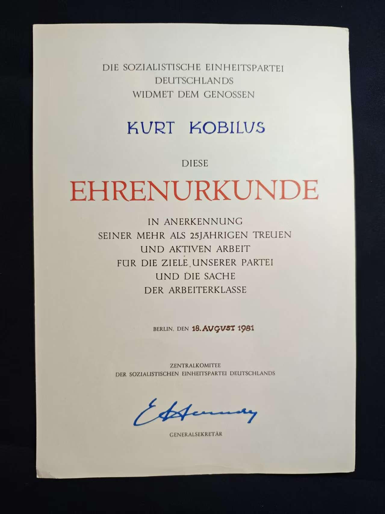 罗岚⭐爱藏⭐甄选专拍第二场-分享拍场赚佣（实体店在建中···） 民主德国统一社会党（SED）25 年党龄 / 工作贡献荣誉证书  授予库尔特·科林同志