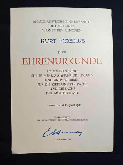 罗岚⭐爱藏⭐甄选专拍第二场-分享拍场赚佣（实体店在建中···） - 民主德国统一社会党（SED）25 年党龄 / 工作贡献荣誉证书  授予库尔特·科林同志