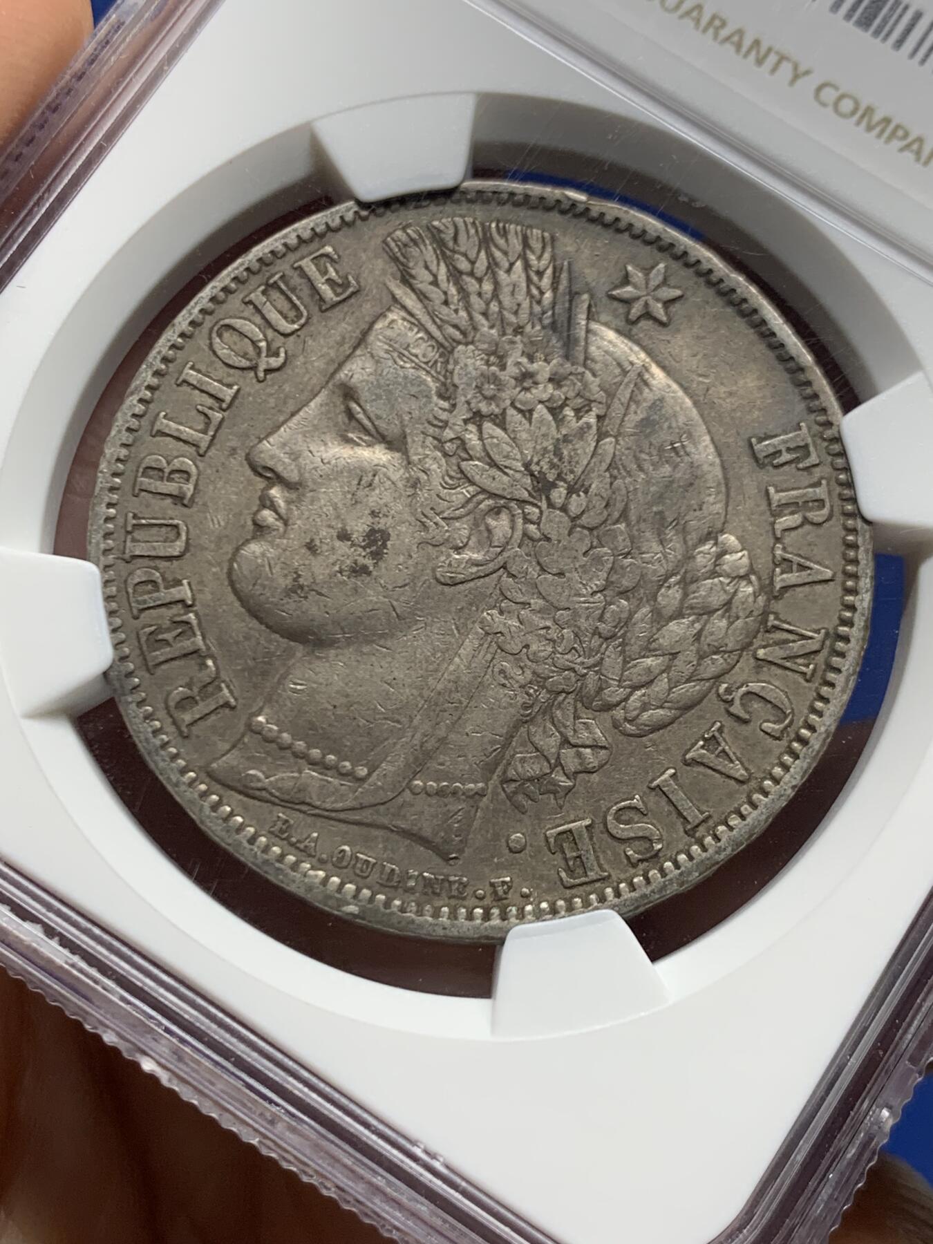 《竞宝斋》第450场 周日，周一，周二  3场连拍 （全场包邮，欢迎送拍） NGC XF40 法国1850年谷物女神5法郎银币