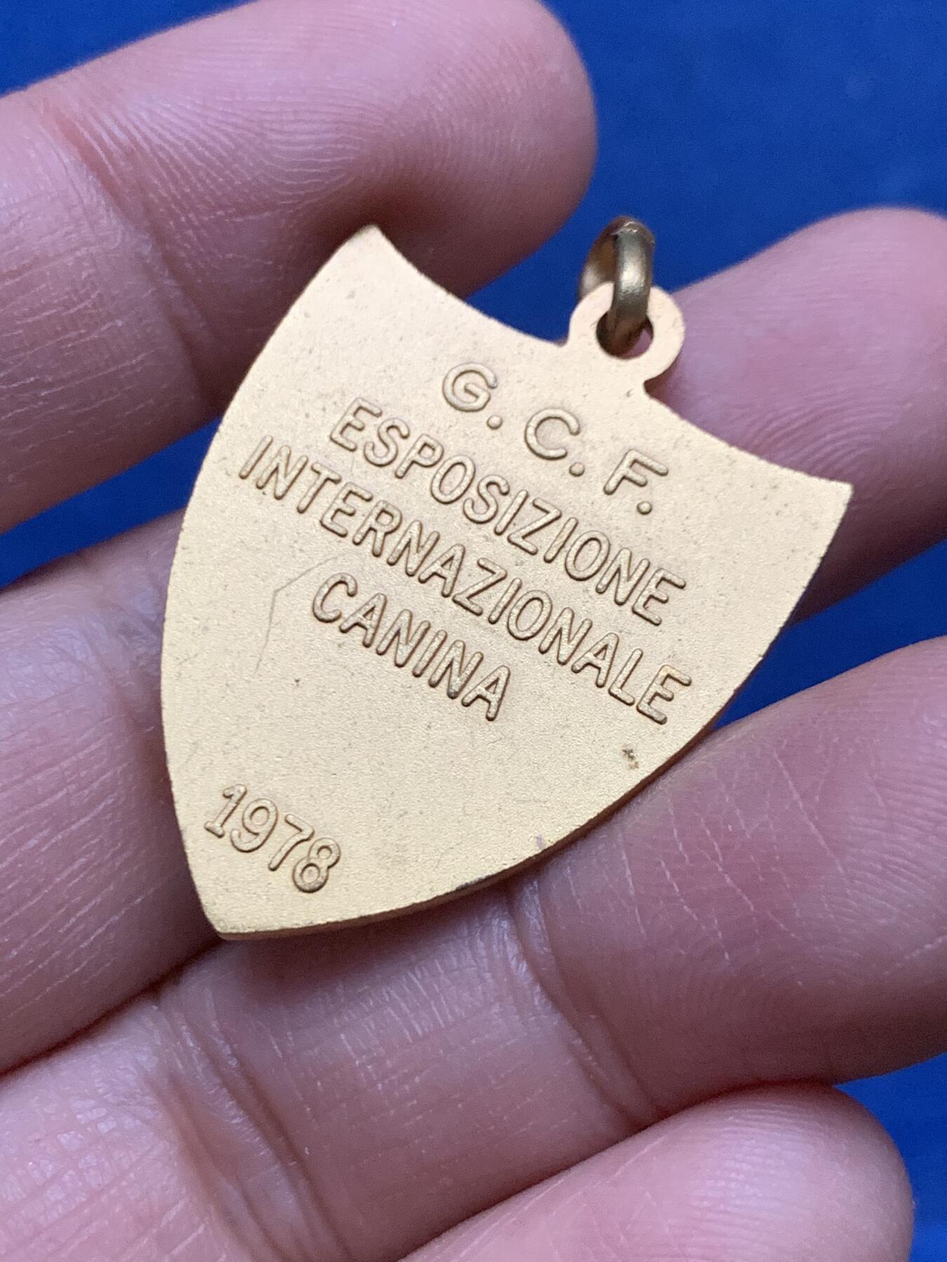 《竞宝斋》第450场 周日，周一，周二  3场连拍 （全场包邮，欢迎送拍） 意大利犬业协会盾型镀金奖章 国际犬展纪念章 11.9克 最高处约34.7mm 景观高浮雕 非常漂亮