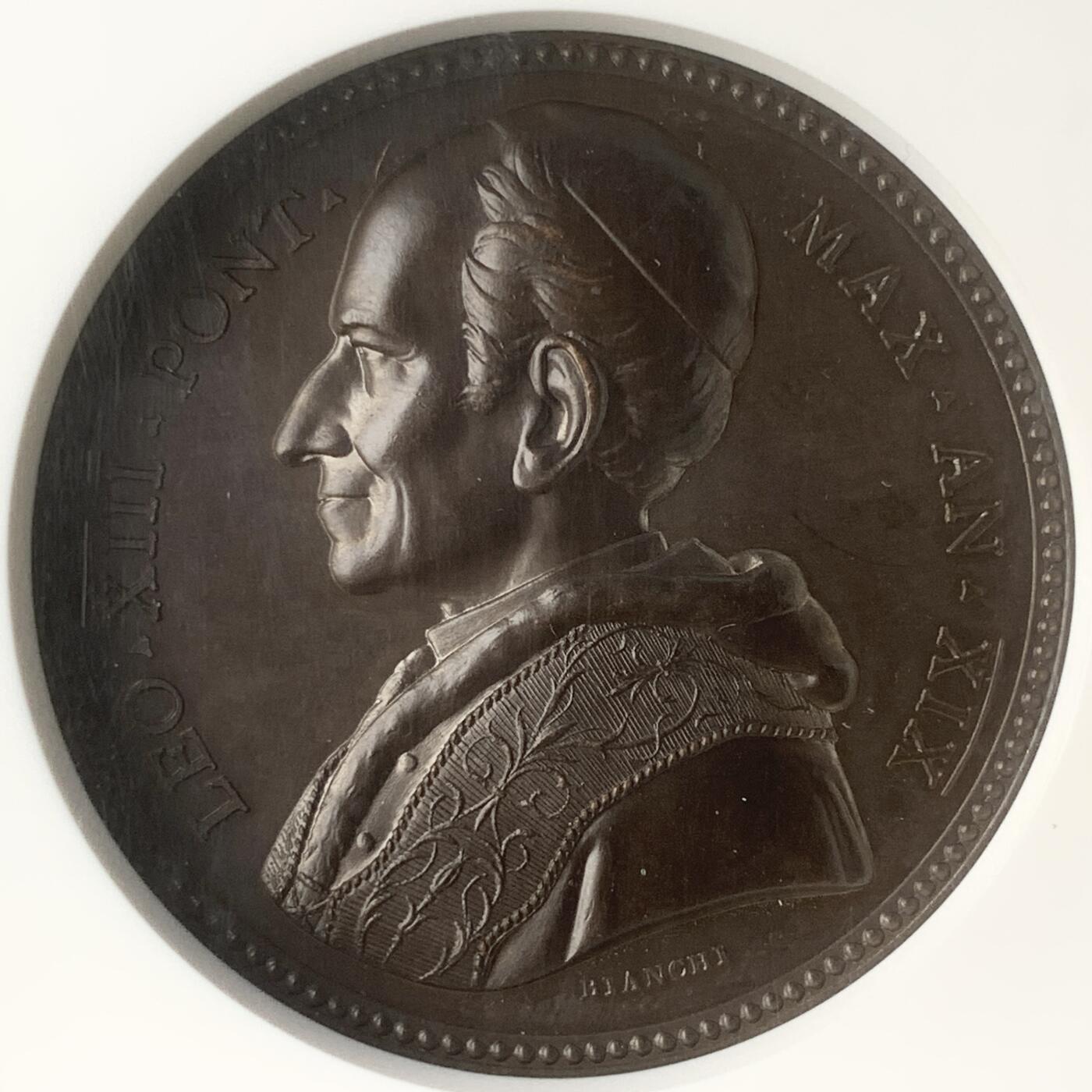 掌中浮雕-藏着的欧洲第047场 NGC MS63 : 1896年东西教派统一问题纪念铜章，正面为教皇利奥十三世，43mm