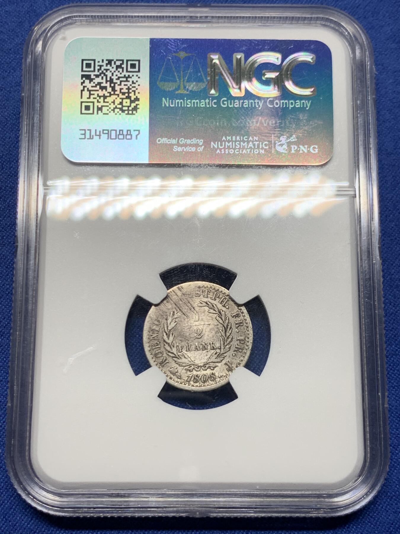 《竞宝斋》第450场 周日，周一，周二  3场连拍 （全场包邮，欢迎送拍） NGC VFD 德国威斯特伐利亚王国 1808年-J版 半法郎 银币 拿破仑于1807年为其幼弟热罗姆建立的王国 仅存在6年 细节不错 传世包浆 少见面值 好品书价极高 稀缺品种