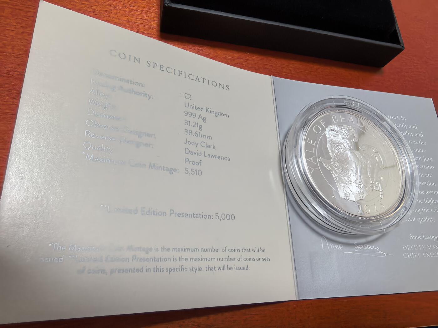 长老汇蛇年精选第八十六场拍卖 2023英国都铎王朝的神兽之博福特的耶鲁2英镑精制银币，1盎司999银，盒证全，5000枚