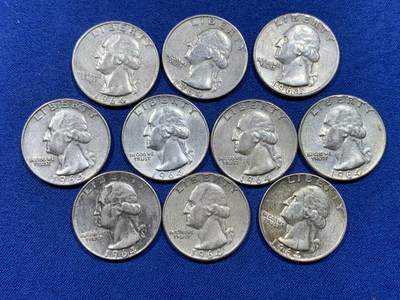 《竞宝斋》第450场 周日，周一，周二  3场连拍 （全场包邮，欢迎送拍） - 10枚一组 美国1964年华盛顿25美分银币 900银 总重62.5克
