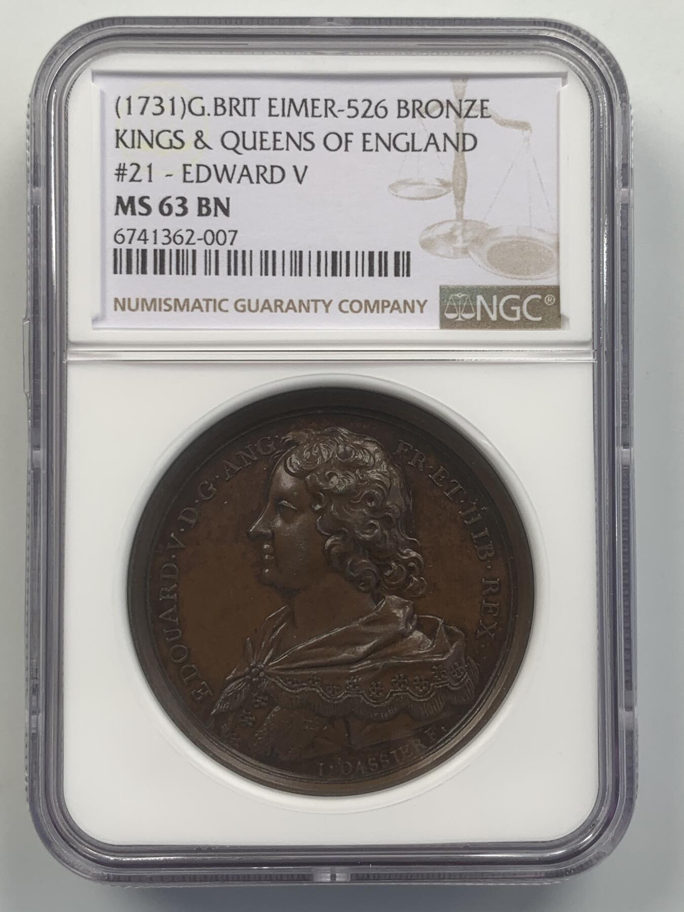 掌中浮雕-藏着的欧洲第047场 NGC MS63 : Dassier英王系列章之爱德华五世纪念铜章，40mm