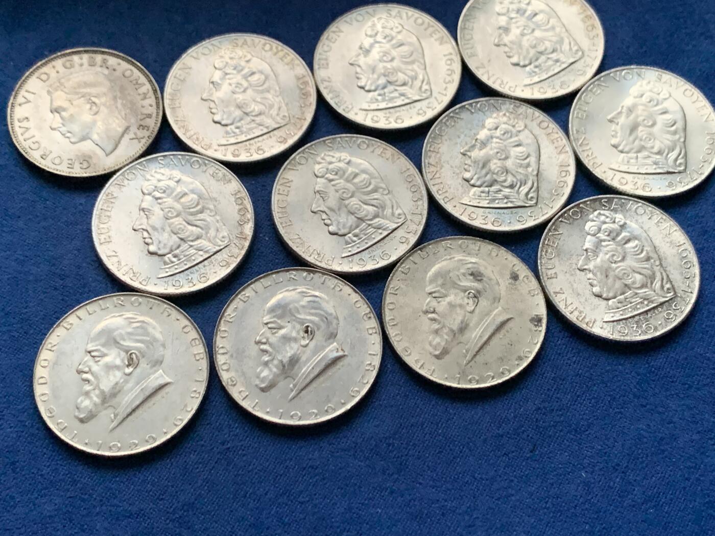 《竞宝斋》第450场 周日，周一，周二  3场连拍 （全场包邮，欢迎送拍） 12枚一组 奥地利萨沃伊王子尤金逝世200周年2先令银币 640银（8枚96克） + 奥地利1929年西奥多·比尔罗斯诞辰100周年2先令银币 640银（3枚36克）+ 英国1937年乔治六世2先令银币 500银（1枚11.3克）