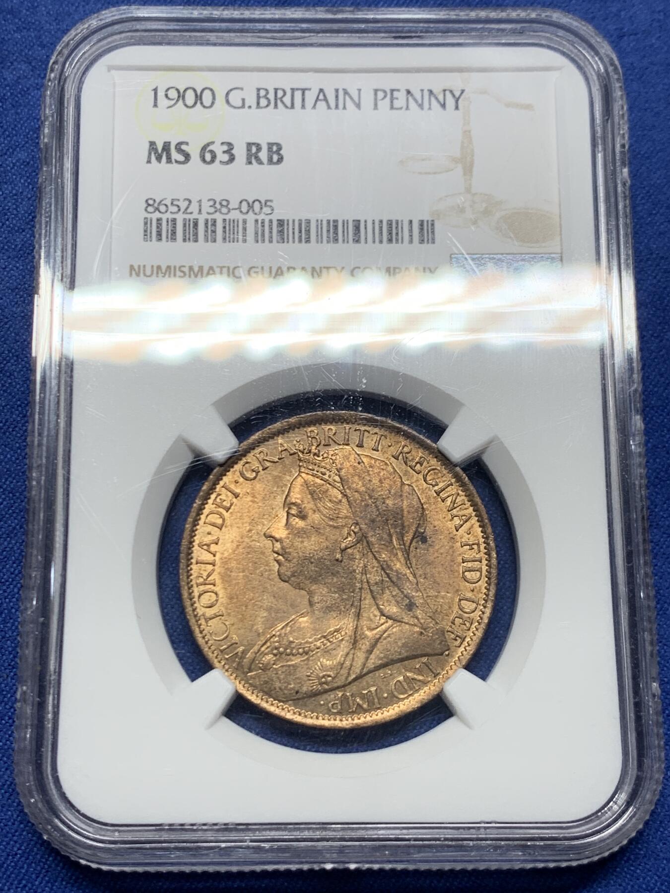 《竞宝斋》第450场 周日，周一，周二  3场连拍 （全场包邮，欢迎送拍） NGC MS63RB 英国1900年维多利亚1便士铜币