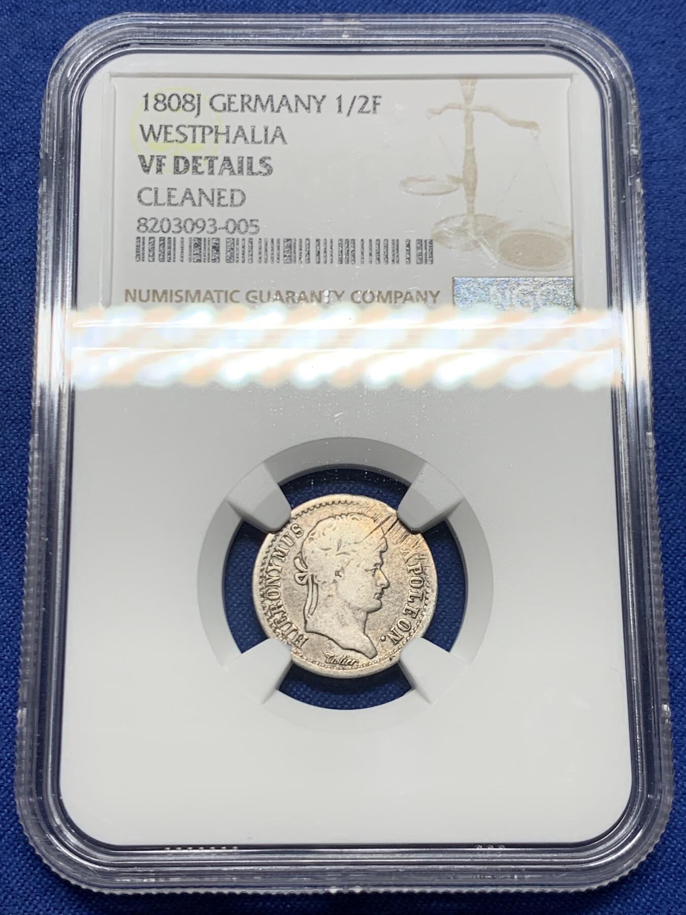 《竞宝斋》第450场 周日，周一，周二  3场连拍 （全场包邮，欢迎送拍） NGC VFD 德国威斯特伐利亚王国 1808年-J版 半法郎 银币 拿破仑于1807年为其幼弟热罗姆建立的王国 仅存在6年 细节不错 传世包浆 少见面值 好品书价极高 稀缺品种