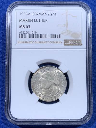 《竞宝斋》第450场 周日，周一，周二  3场连拍 （全场包邮，欢迎送拍） - NGC MS63 德国1933年A 马丁.路德 2马克 银币