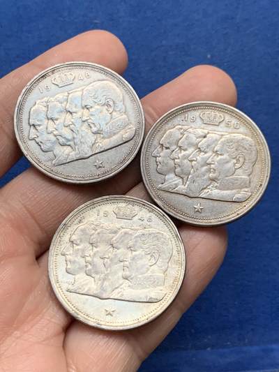 《竞宝斋》第450场 周日，周一，周二  3场连拍 （全场包邮，欢迎送拍） - 三枚一组 比利时四皇头像100法郎银币 总重约54.4克