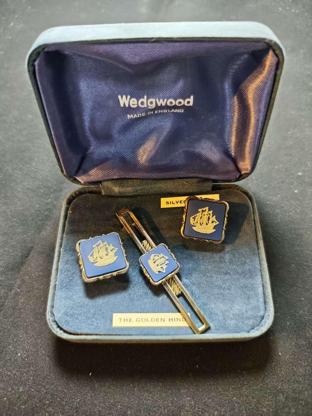 罗岚⭐爱藏⭐甄选专拍第二场-分享拍场赚佣（实体店在建中···） Wedgwood威基伍德 浮雕陶瓷帆船袖口领带夹一套 镀银陶瓷材质