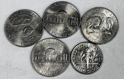 文馨钱币收藏第 286 场，圣诞节专场【 长期接收代拍品低至 0 佣金】 - 原光品相美国罗斯福，杰斐逊 5-10 美分一组 5 枚