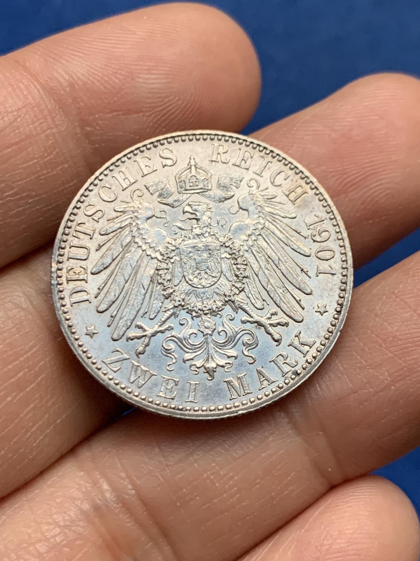 《竞宝斋》第450场 周日，周一，周二  3场连拍 （全场包邮，欢迎送拍） 德国1901年普鲁士王国建国200周年2马克纪念银币