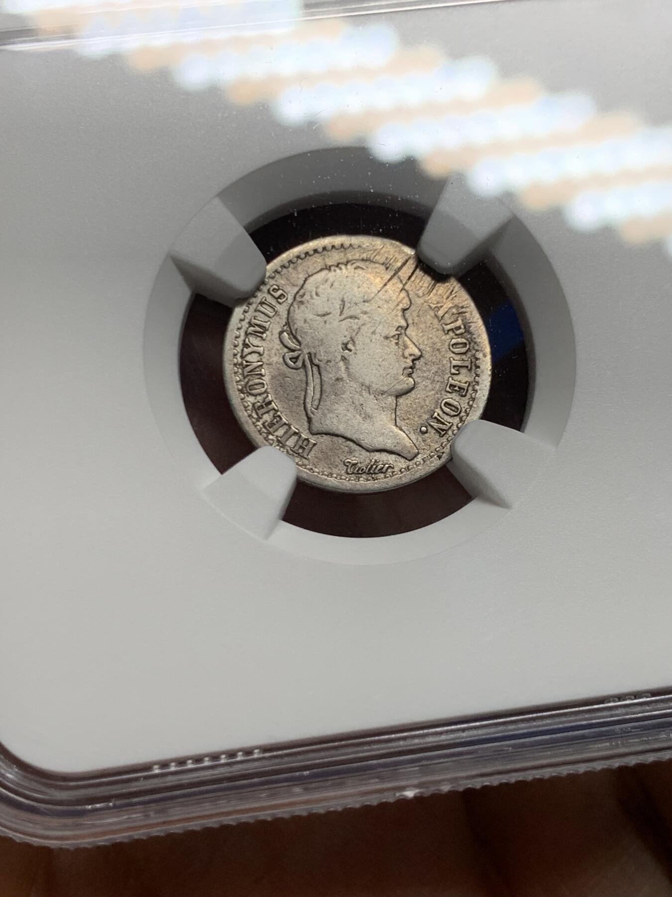 《竞宝斋》第450场 周日，周一，周二  3场连拍 （全场包邮，欢迎送拍） NGC VFD 德国威斯特伐利亚王国 1808年-J版 半法郎 银币 拿破仑于1807年为其幼弟热罗姆建立的王国 仅存在6年 细节不错 传世包浆 少见面值 好品书价极高 稀缺品种