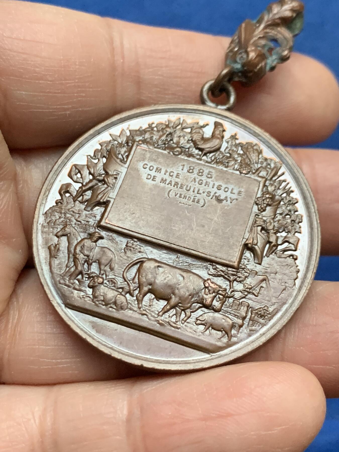 《竞宝斋》第450场 周日，周一，周二  3场连拍 （全场包邮，欢迎送拍） 1885年马勒伊苏尔农业博览会铜章 带环重约29.4克 40.5mm