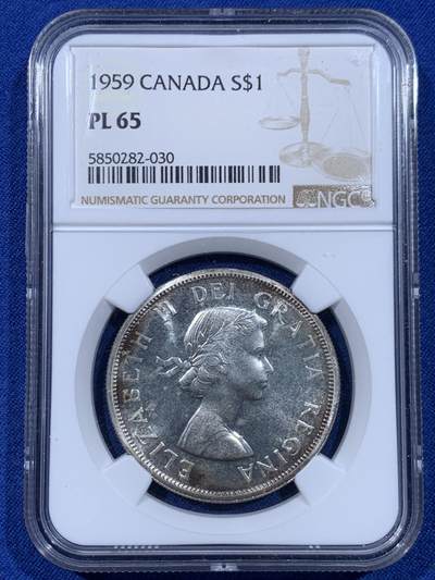 《竞宝斋》第450场 周日，周一，周二  3场连拍 （全场包邮，欢迎送拍） - NGC PL65 加拿大1959年小伊1元划船大银币，环彩，飘带青年头像伊伊，195x年初版年轻头像，远比196x的版本少的多。女王首版主币大银，PL镜面感十足