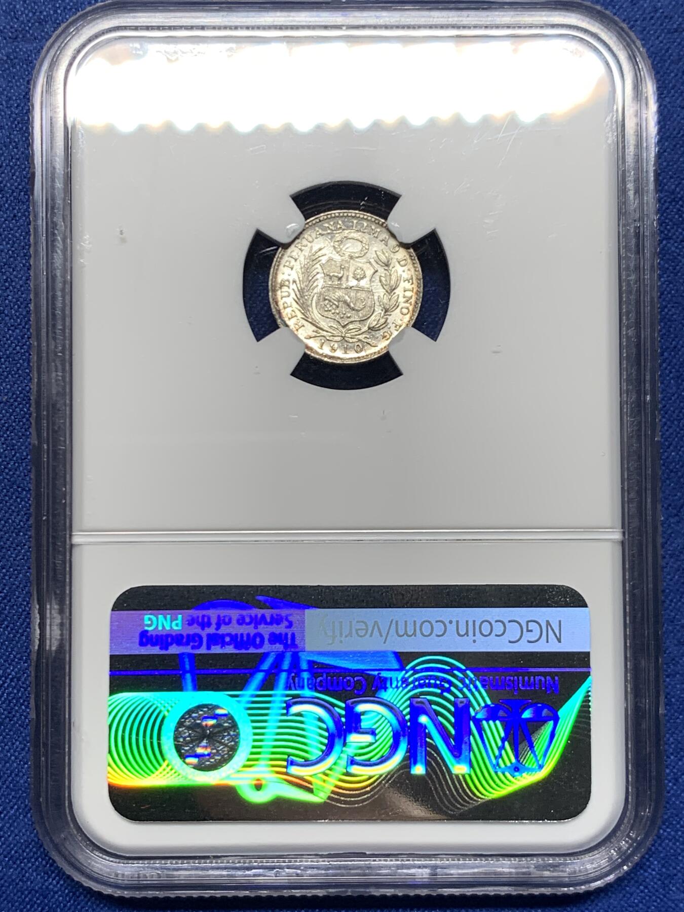 《竞宝斋》第450场 周日，周一，周二  3场连拍 （全场包邮，欢迎送拍） NGC MS63 秘鲁1910 1/2蒂娜罗银币，早期年份，值得购买的一枚