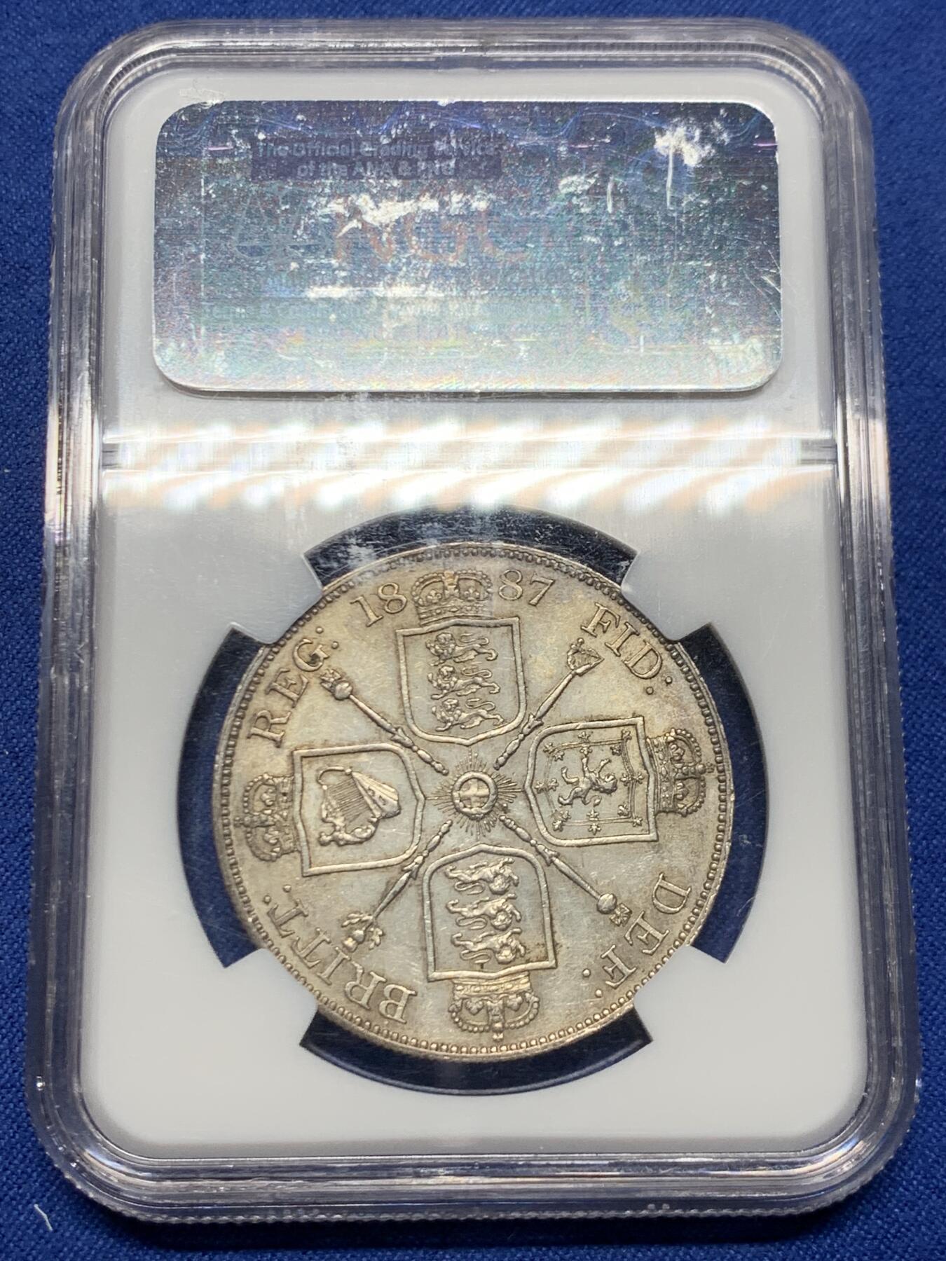 《竞宝斋》第450场 周日，周一，周二  3场连拍 （全场包邮，欢迎送拍） NGC AU58 英国 1887年 维多利亚高冠 双弗洛林 4先令银币 带五彩包浆 状态很好