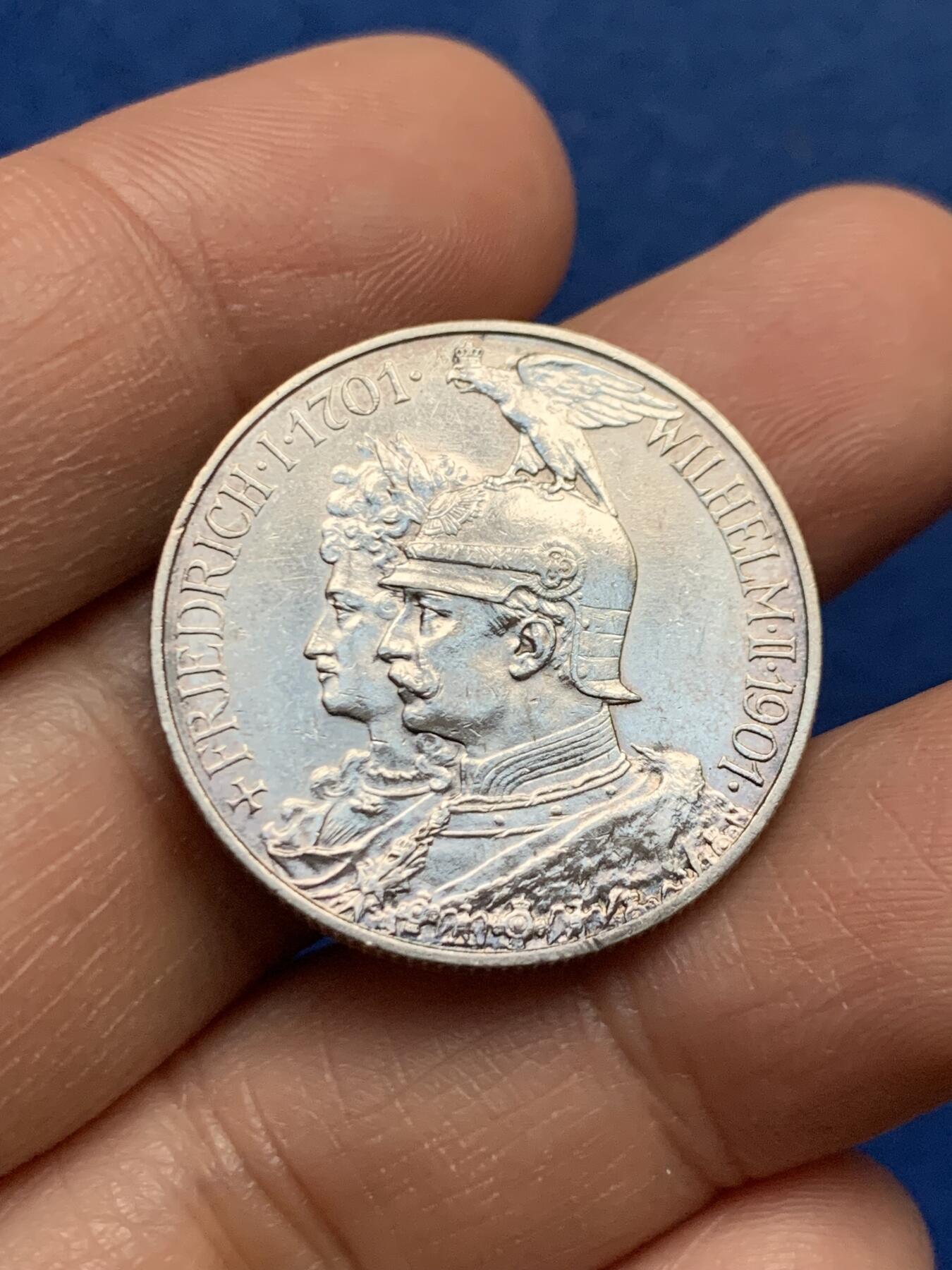 《竞宝斋》第450场 周日，周一，周二  3场连拍 （全场包邮，欢迎送拍） 德国1901年普鲁士王国建国200周年2马克纪念银币