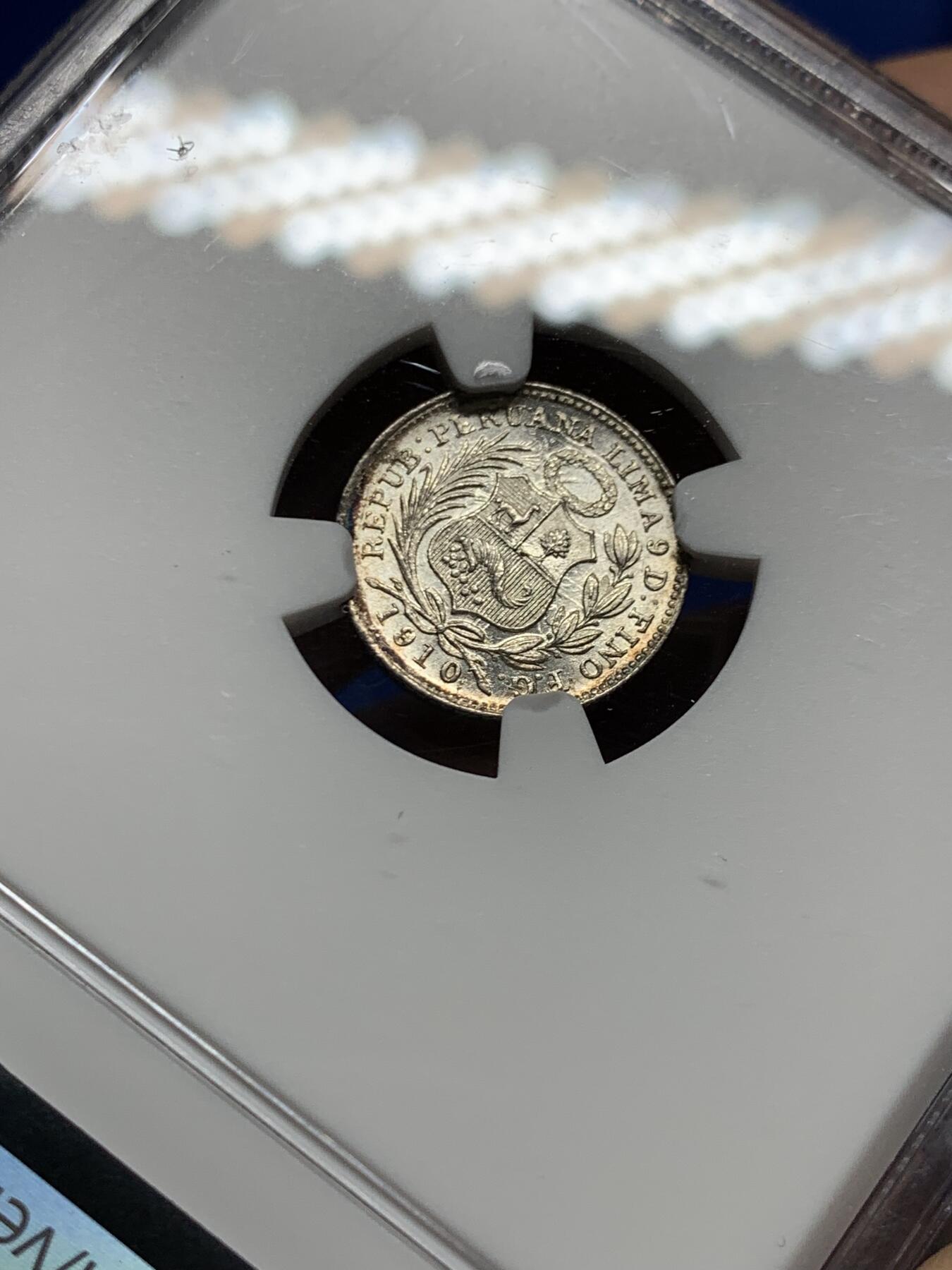 《竞宝斋》第450场 周日，周一，周二  3场连拍 （全场包邮，欢迎送拍） NGC MS63 秘鲁1910 1/2蒂娜罗银币，早期年份，值得购买的一枚