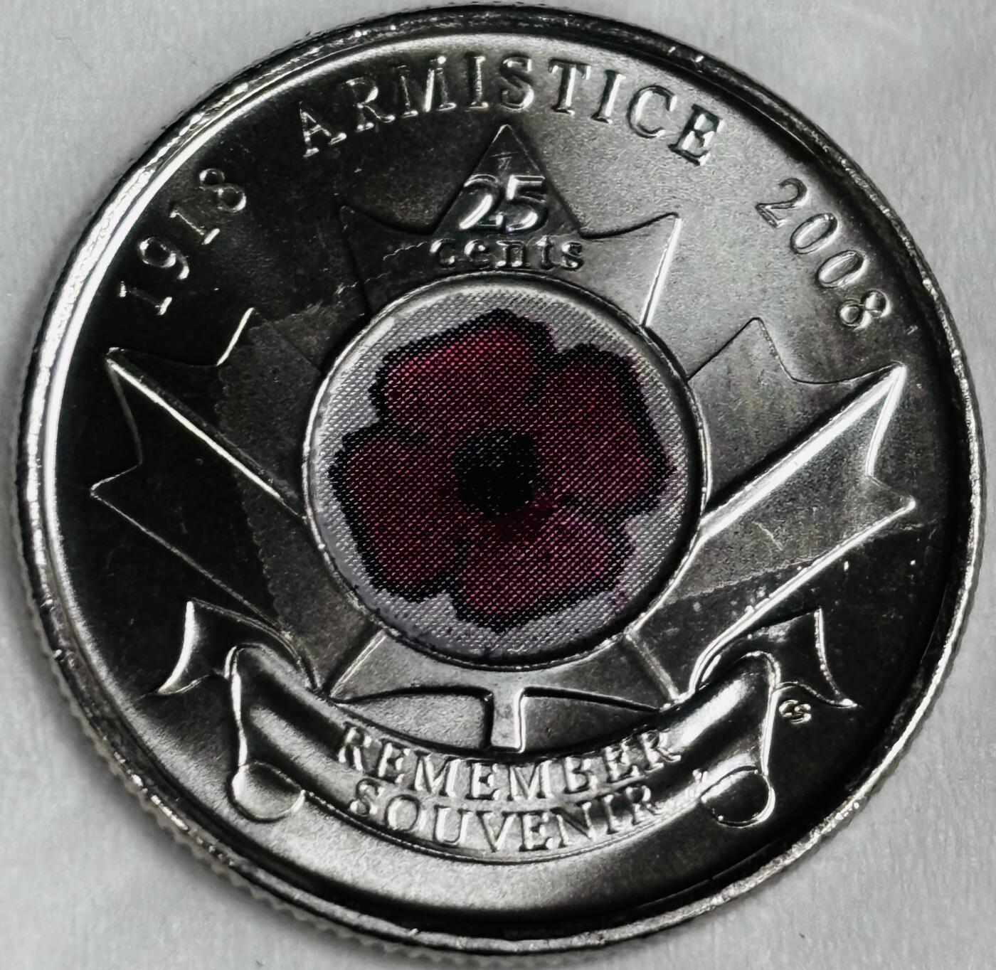 文馨钱币收藏第 286 场，圣诞节专场【 长期接收代拍品低至 0 佣金】 全新加拿大2008年25分彩色纪念币 红色罂粟花 铭记 