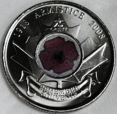 文馨钱币收藏第 286 场，圣诞节专场【 长期接收代拍品低至 0 佣金】 - 全新加拿大2008年25分彩色纪念币 红色罂粟花 铭记 