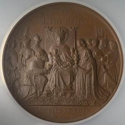 掌中浮雕-藏着的欧洲第047场 - NGC MS64 : 1880年德国科隆大教堂竣工铜章，正面图案为耶稣诞生和东方三博士礼拜，50mm