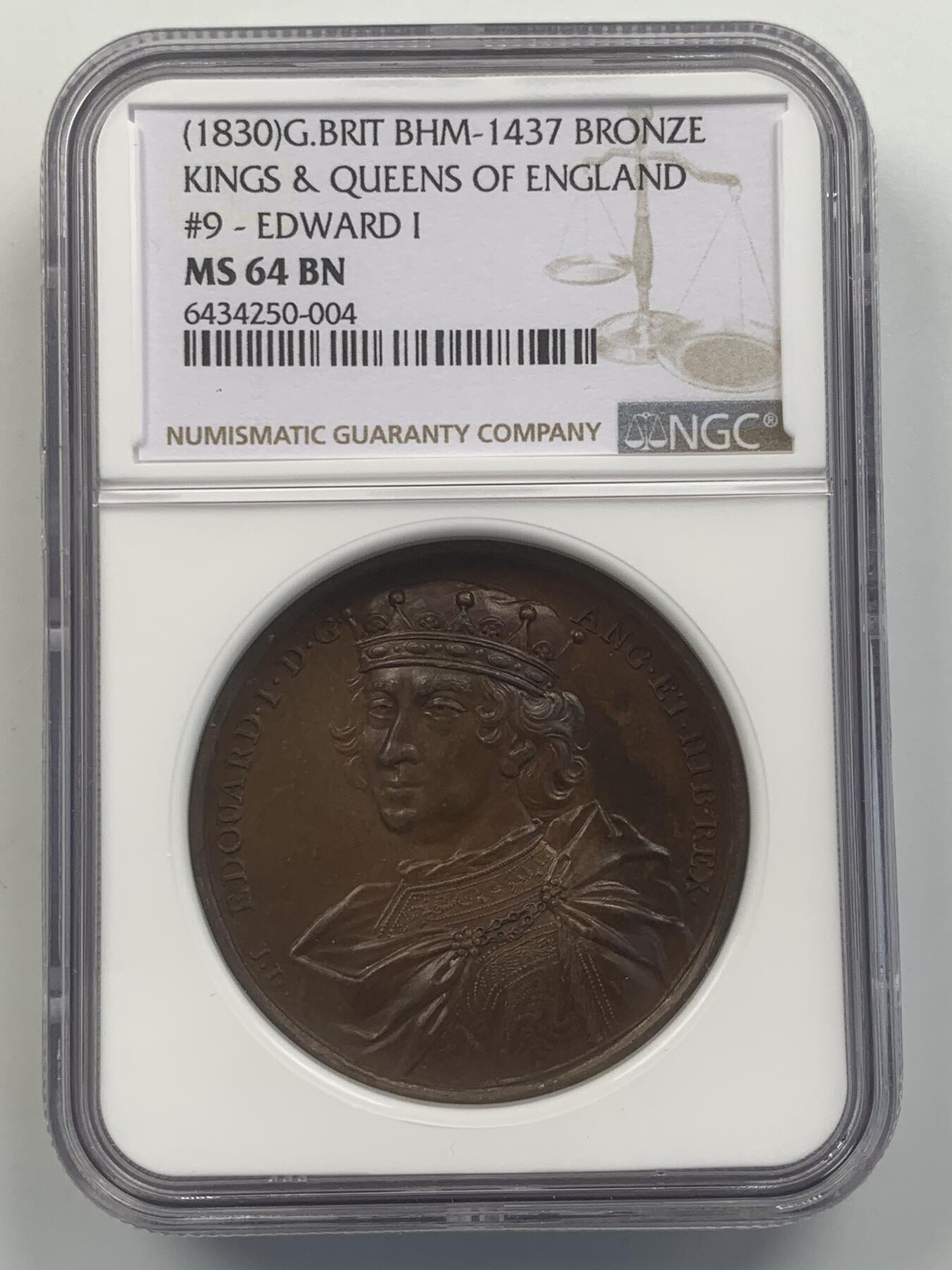 掌中浮雕-藏着的欧洲第047场 NGC MS64 : Dassier英王系列章之爱德华一世纪念铜章，40mm
