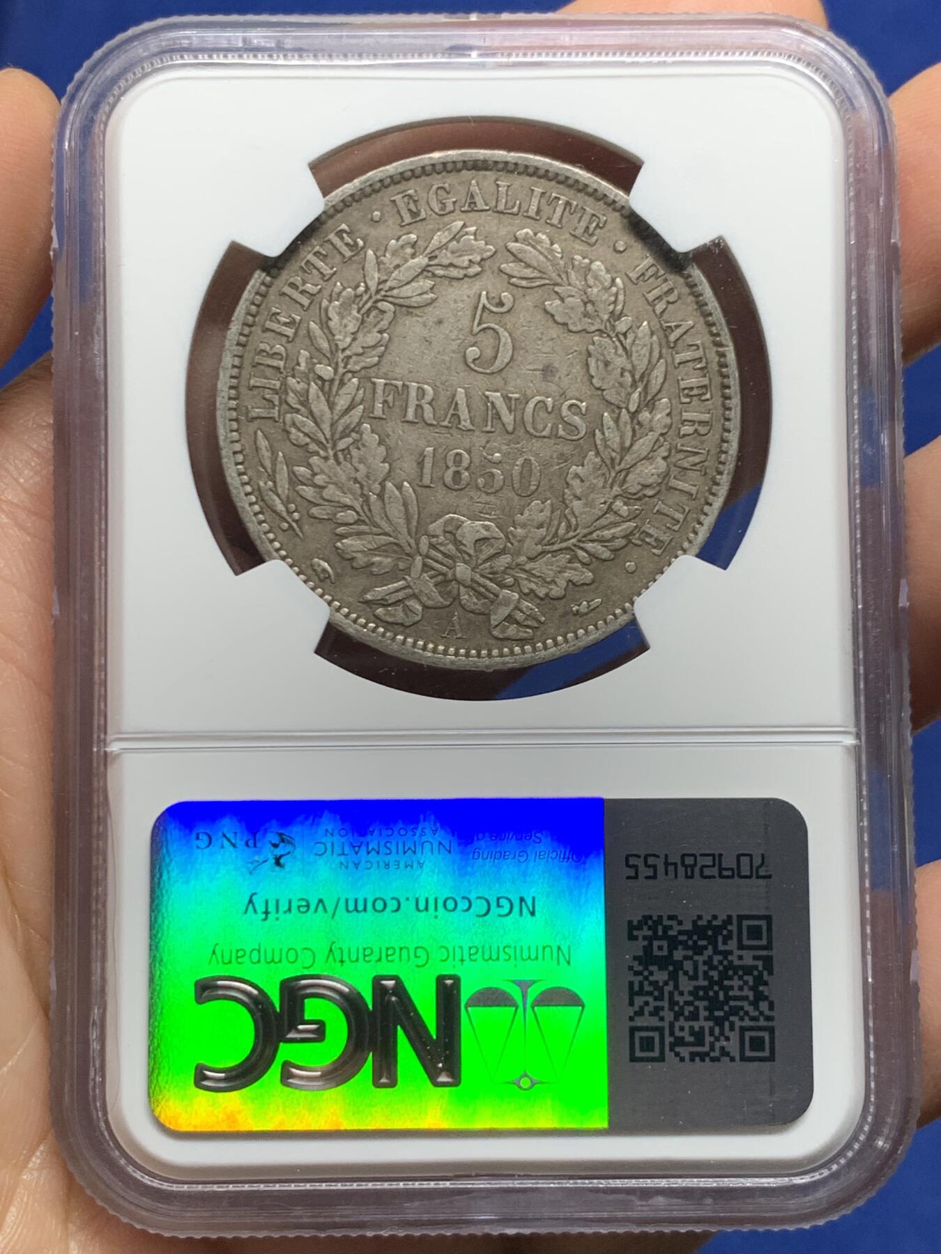 《竞宝斋》第450场 周日，周一，周二  3场连拍 （全场包邮，欢迎送拍） NGC XF40 法国1850年谷物女神5法郎银币