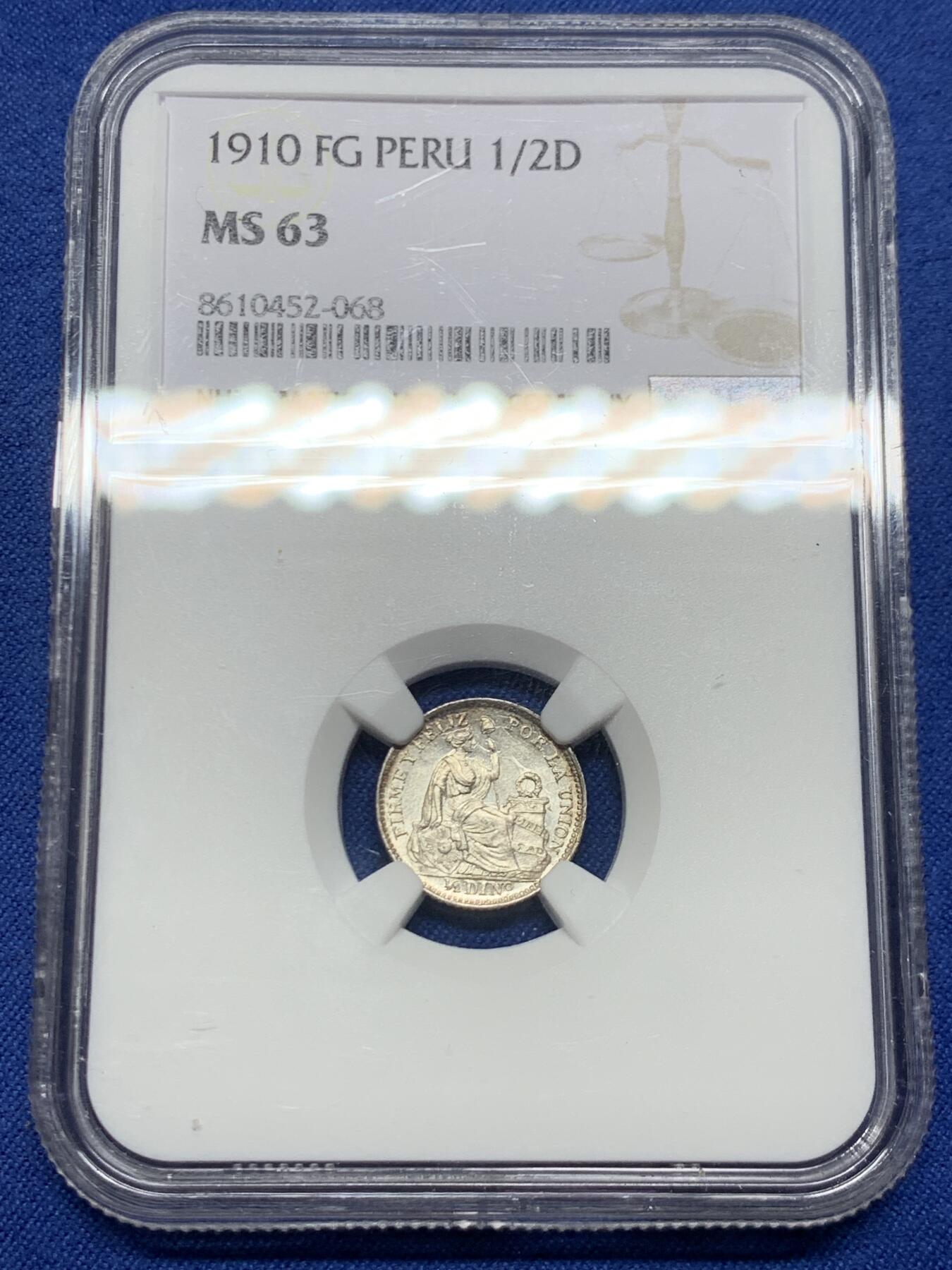 《竞宝斋》第450场 周日，周一，周二  3场连拍 （全场包邮，欢迎送拍） NGC MS63 秘鲁1910 1/2蒂娜罗银币，早期年份，值得购买的一枚