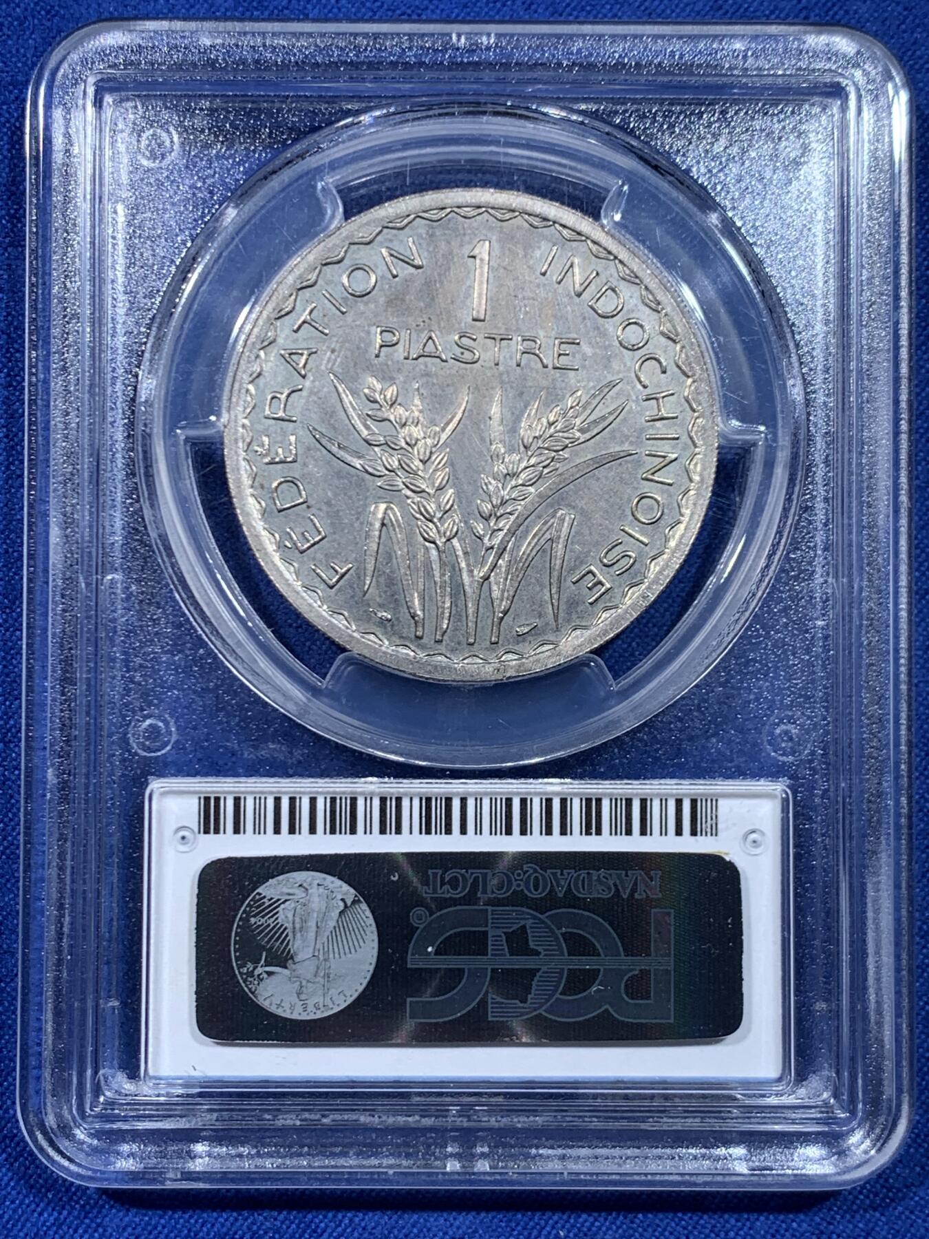 《竞宝斋》第450场 周日，周一，周二  3场连拍 （全场包邮，欢迎送拍） PCGS SP62 法属印支1946年ESSAI坐洋1皮阿斯特样币