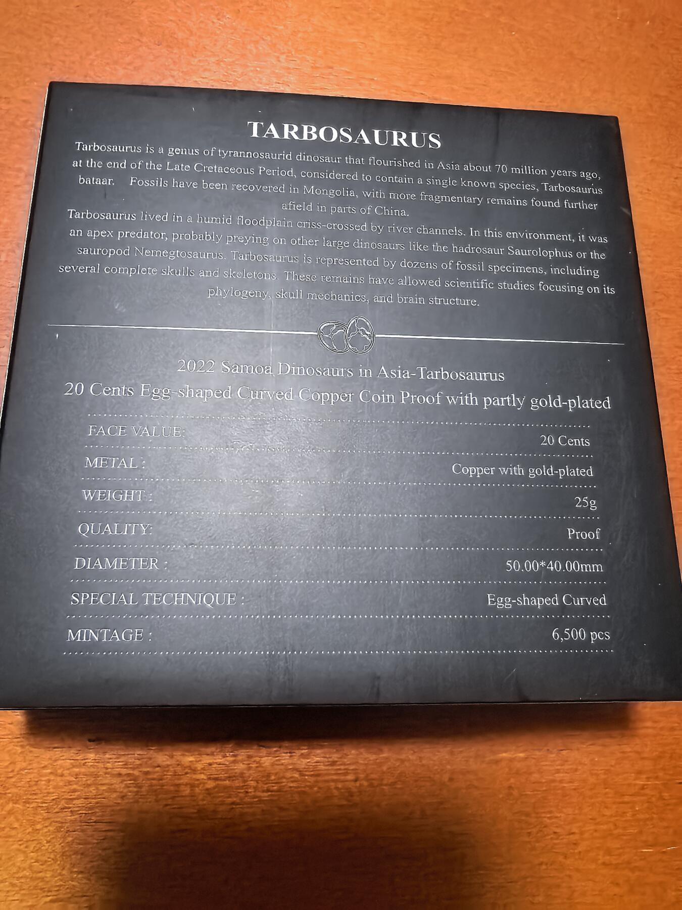 长老汇蛇年精选第八十六场拍卖 2022萨摩亚恐龙系列之塔博索龙20分椭圆形镀金精制铜币，盒证全，6500枚