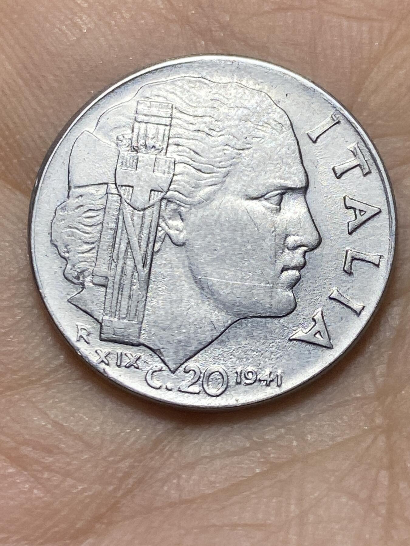 2025年第一百四十四场(总第一百七十场）品种丰富英国一线回流散币年末特拍场第一场(免佣金) 意大利王国1941年20分(1941 R XIX 维托里奥·埃马努埃莱三世第四套第二版，有磁版)