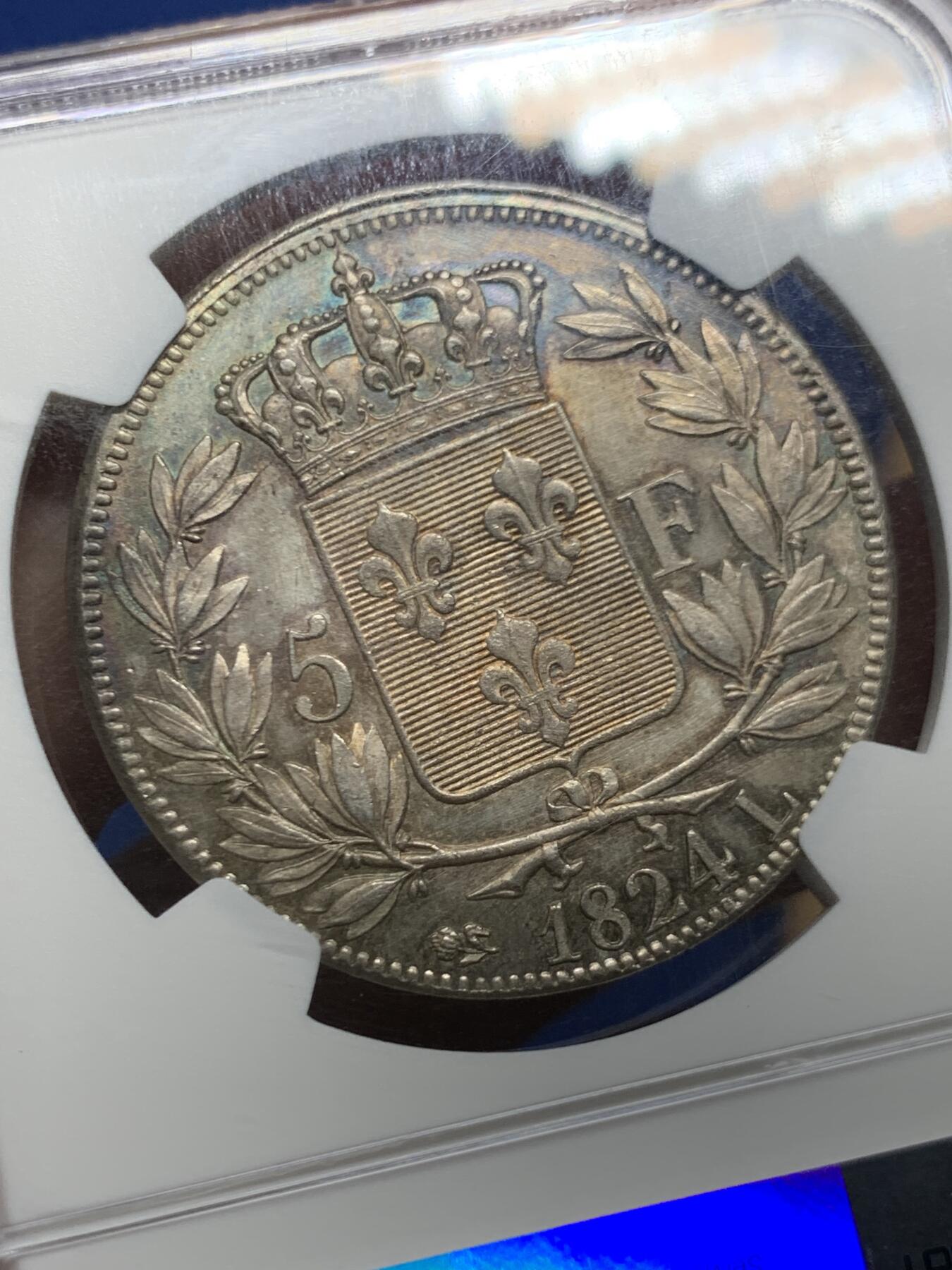 《竞宝斋》第450场 周日，周一，周二  3场连拍 （全场包邮，欢迎送拍） NGC MS63 法国1824年路易十八5法郎银币