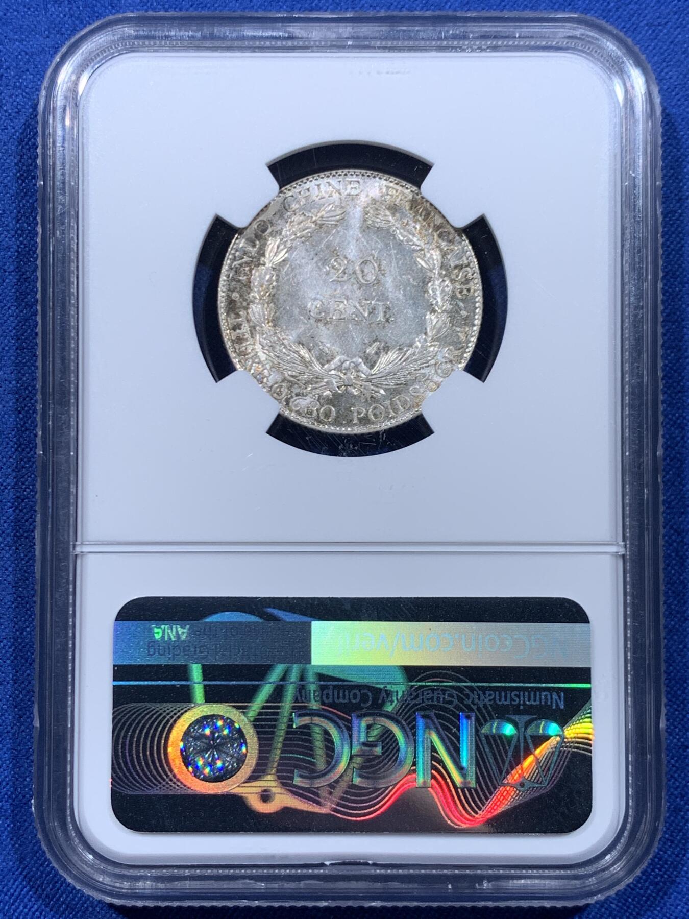 《竞宝斋》第450场 周日，周一，周二  3场连拍 （全场包邮，欢迎送拍） NGC MS63 法属印支1937年二十分银币，带漂亮的包浆，经典品种