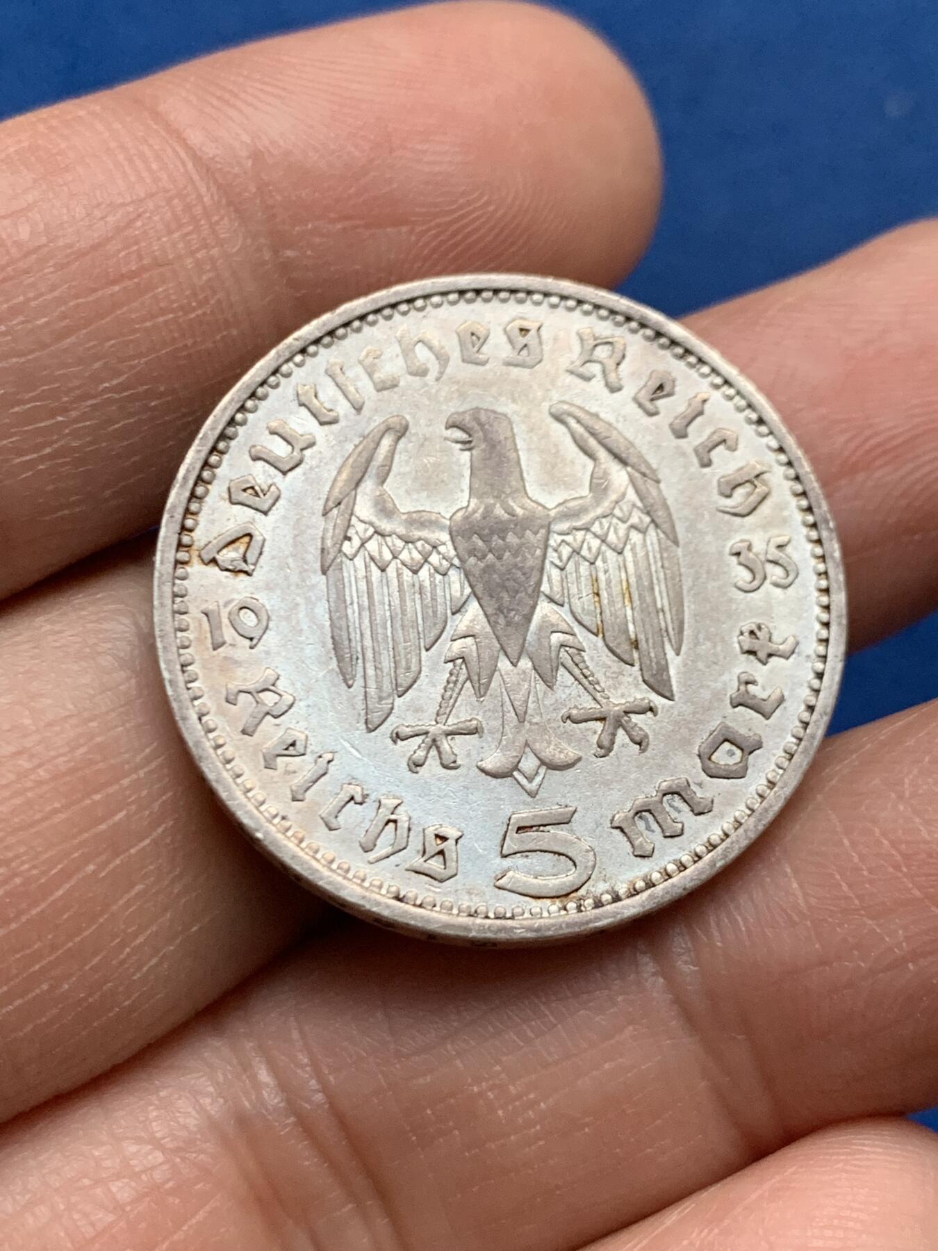 《竞宝斋》第450场 周日，周一，周二  3场连拍 （全场包邮，欢迎送拍） 德国 1935年 兴登堡 F版 5马克 银币