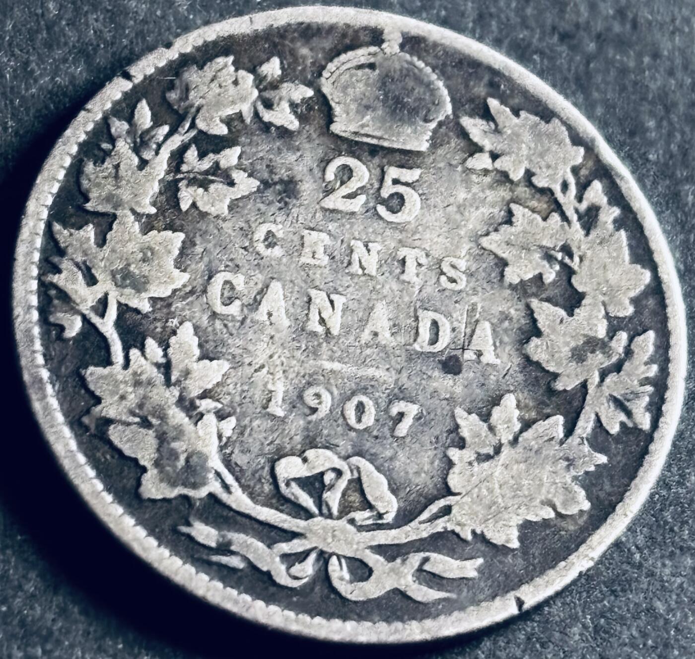 文馨钱币收藏第 286 场，圣诞节专场【 长期接收代拍品低至 0 佣金】 1907 年英属加拿大爱德华七世 25 分银币，925 高银，全新币重 5.81 克，流通可能会少 零点几克，相差也不大